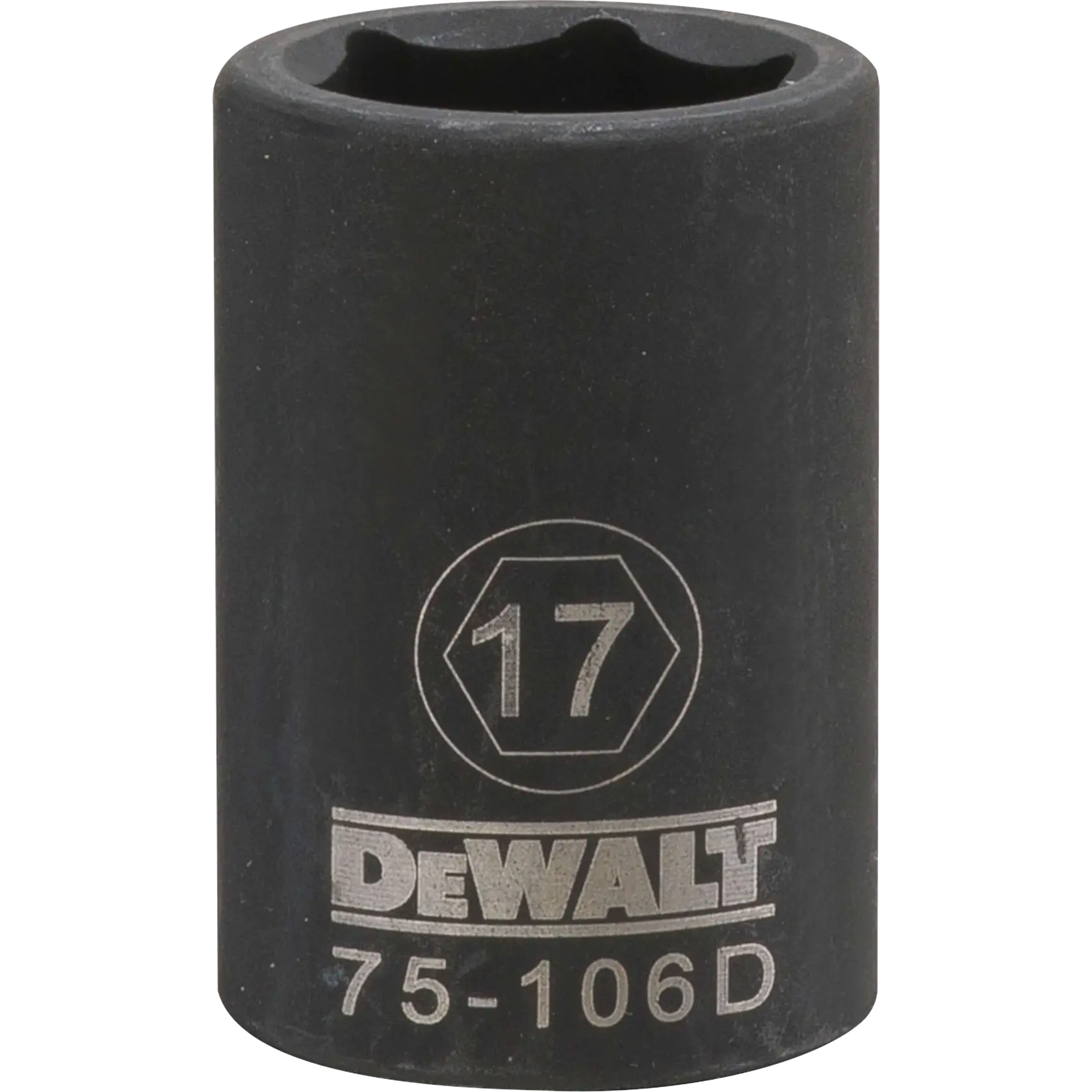Soquete de impacto preto DEWALT de 17mm com as marcações '17', 'DEWALT' e '75-106D' na lateral.