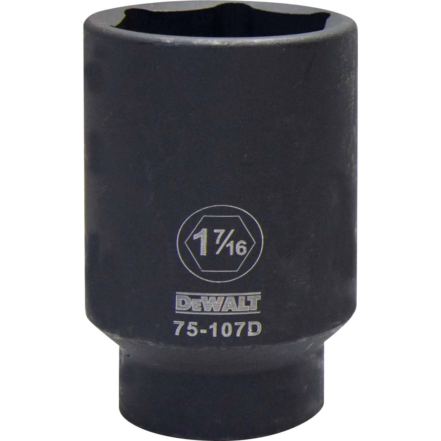 Soquete de impacto DEWALT de 1-7/16 polegadas, modelo 75-107D, exibido em pé sobre um fundo branco.