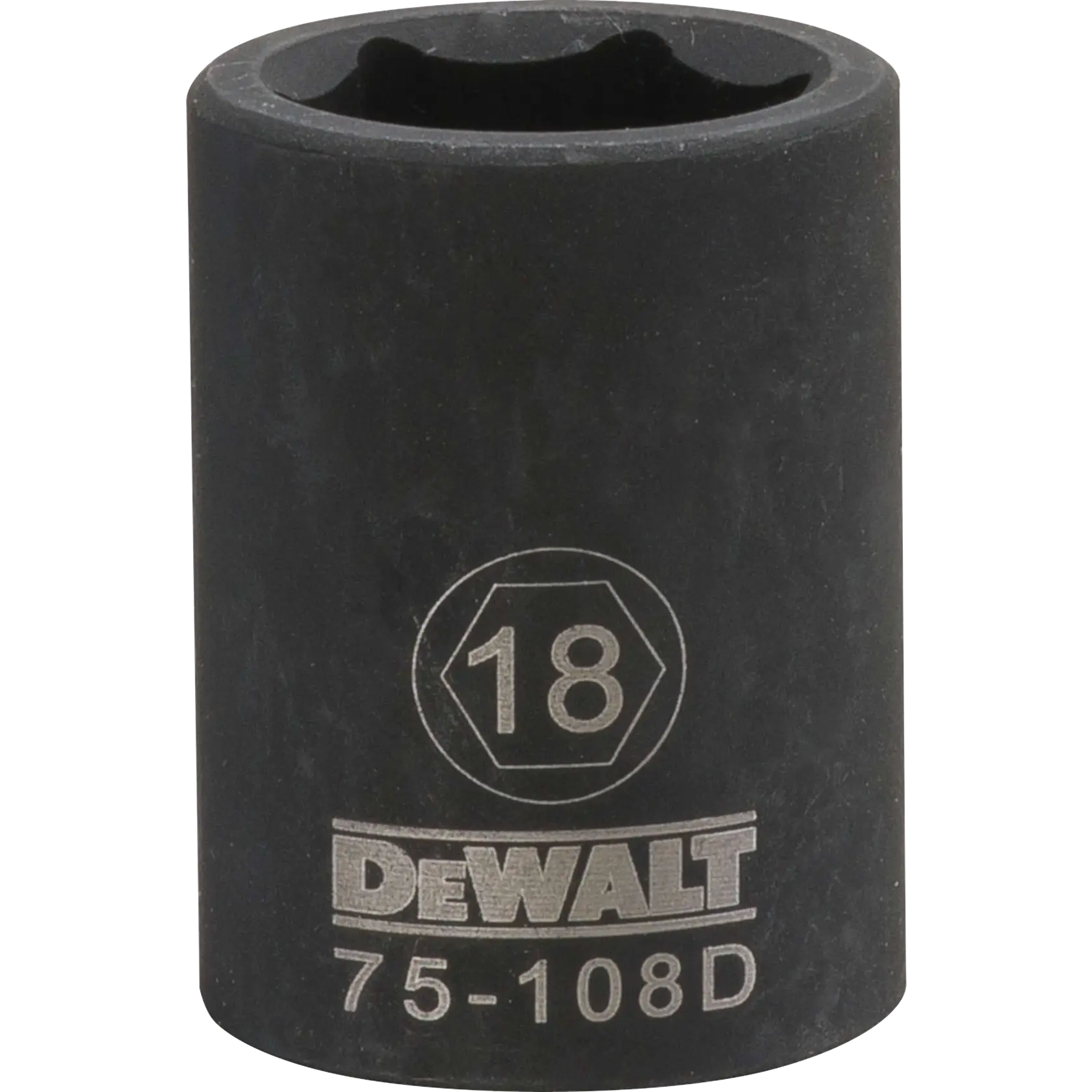 Um soquete de impacto DEWALT de 18 mm, formato cilíndrico, cor preta, com o número do modelo 75-108D gravado na superfície.