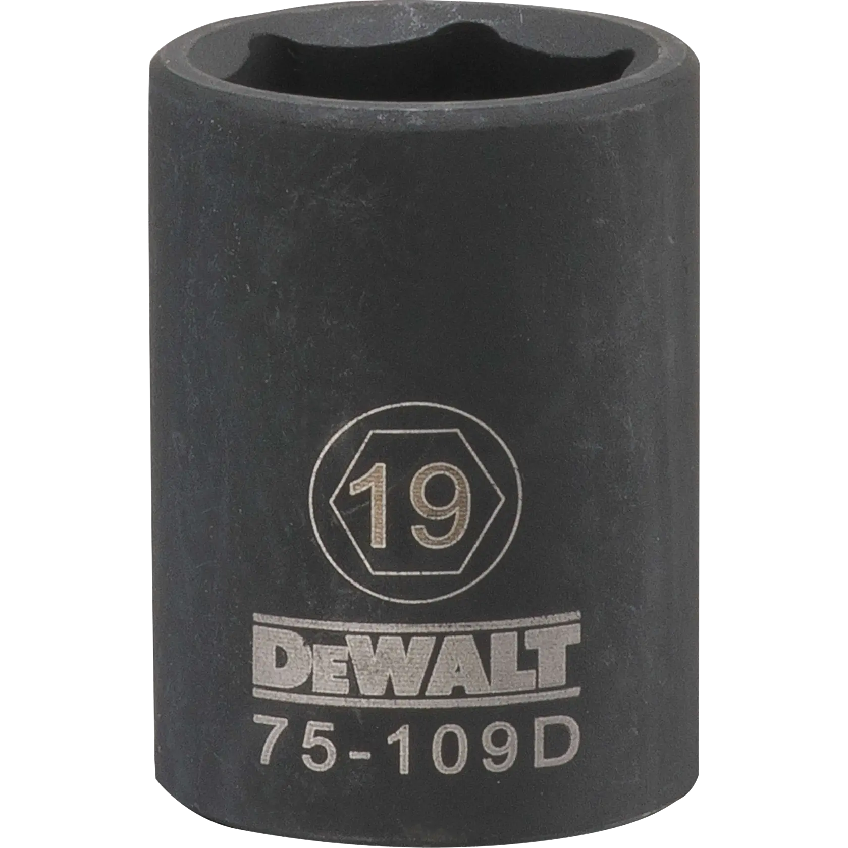 Imagem aproximada de um soquete de impacto profundo DEWALT, tamanho 19 milímetros, com o número do modelo 75-109D gravado na lateral.