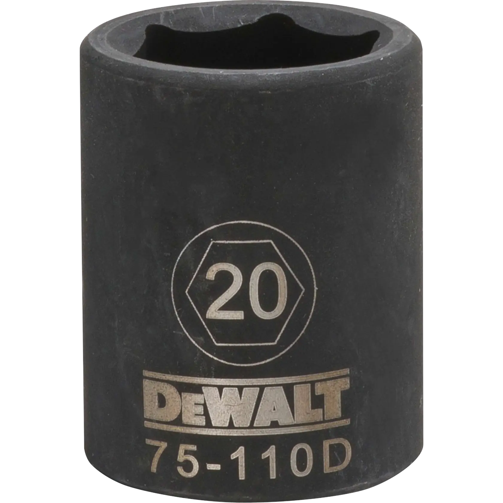 Um soquete de impacto DEWALT de 20 mm com o número do modelo 75-110D gravado em sua superfície.