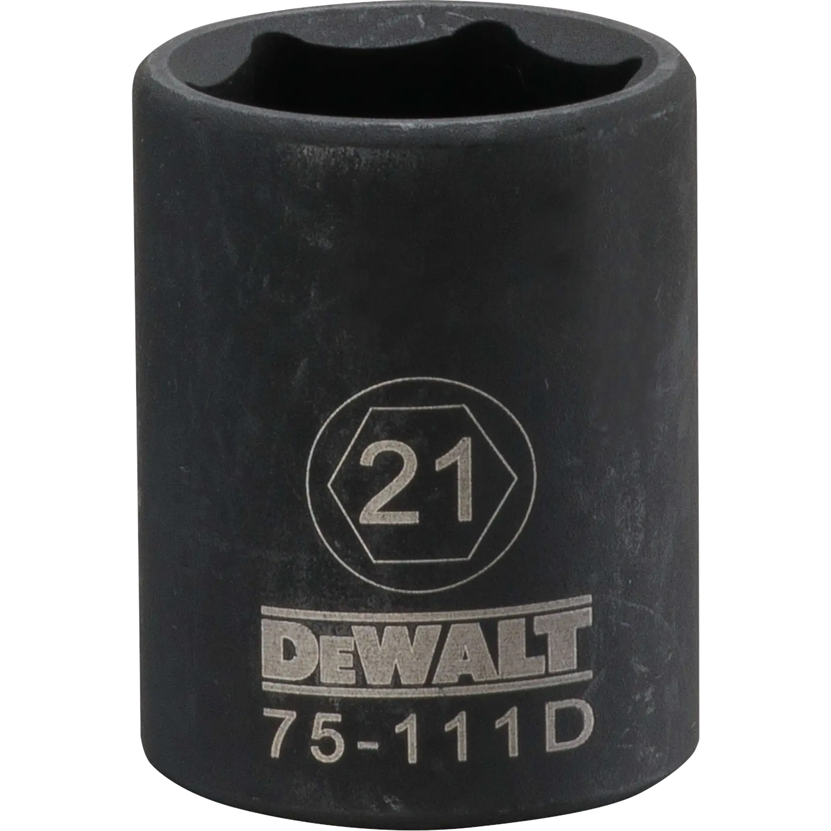 Imagem de uma chave soquete de impacto DEWALT de 21 mm, modelo 75-111D. O soquete é preto e cilíndrico, com gravações indicando o tamanho, a marca e o modelo.