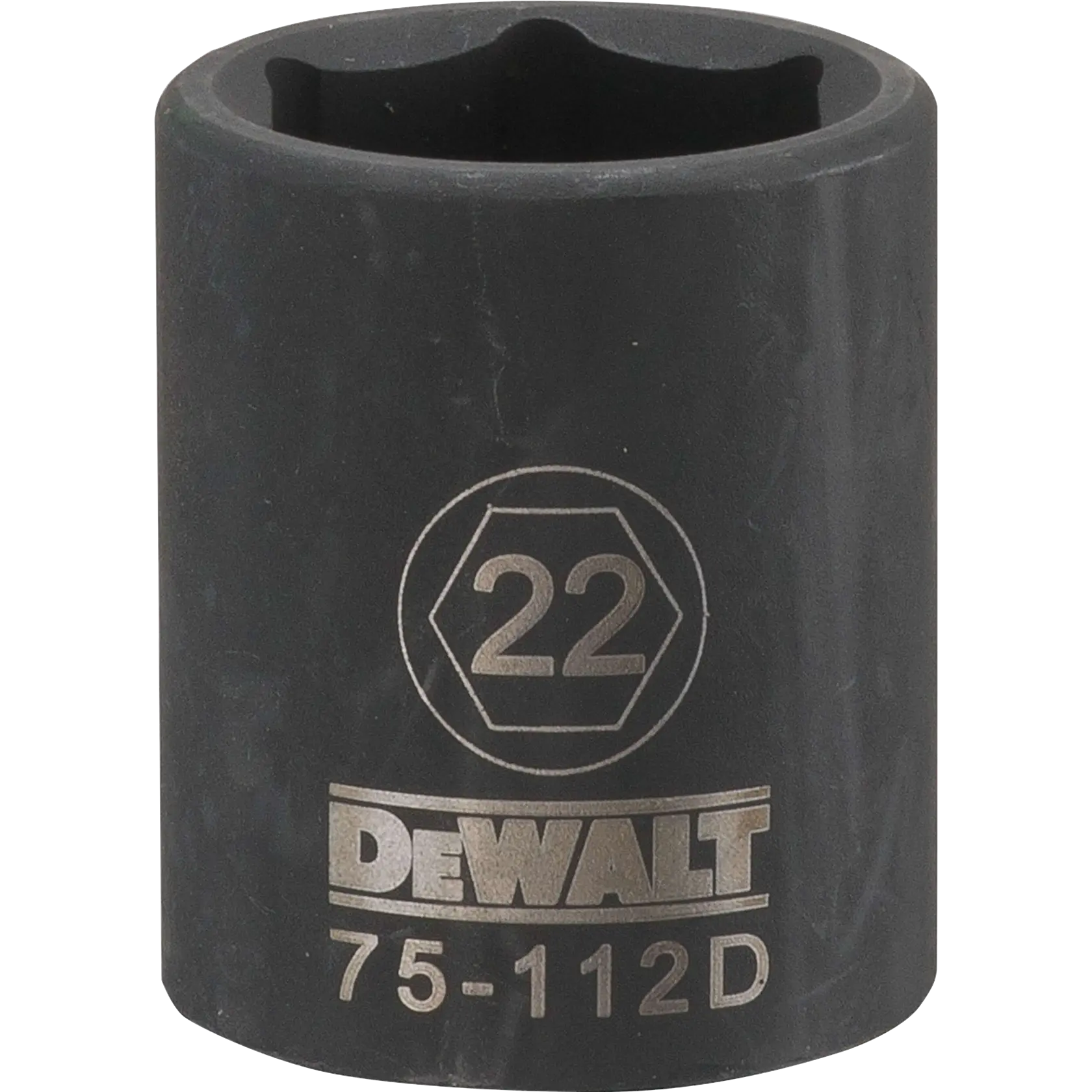 Imagem em close de uma ferramenta soquete preta da marca DEWALT com o número 22 gravado e o código 75-112D.