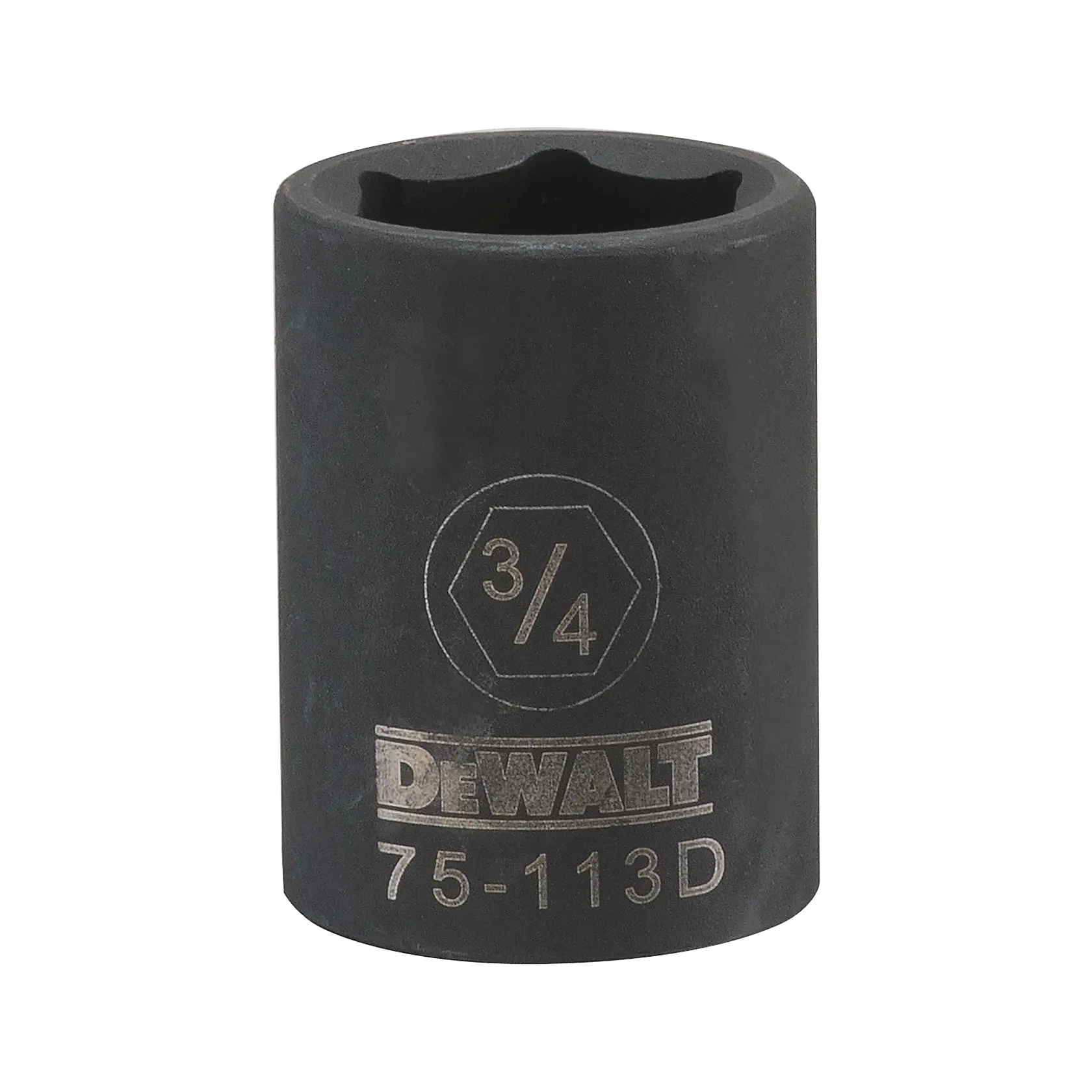 Um soquete de impacto DEWALT de 3/4 polegadas com o código do produto 75-113D. O soquete é preto, cilíndrico e possui marcações gravadas mostrando o tamanho e a marca.
