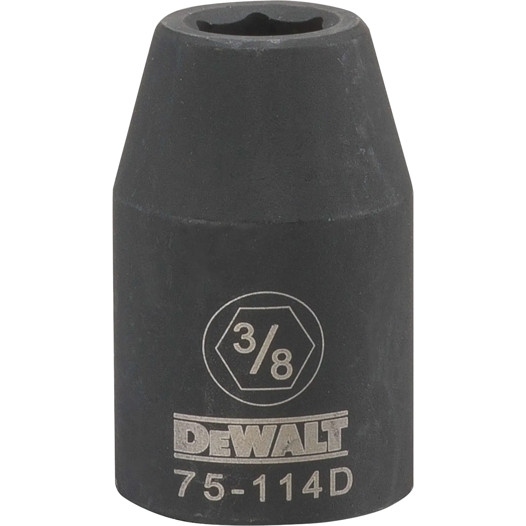 Soquete de impacto preto da marca DEWALT com a marcação '3/8' e o código '75-114D' impressos na lateral.