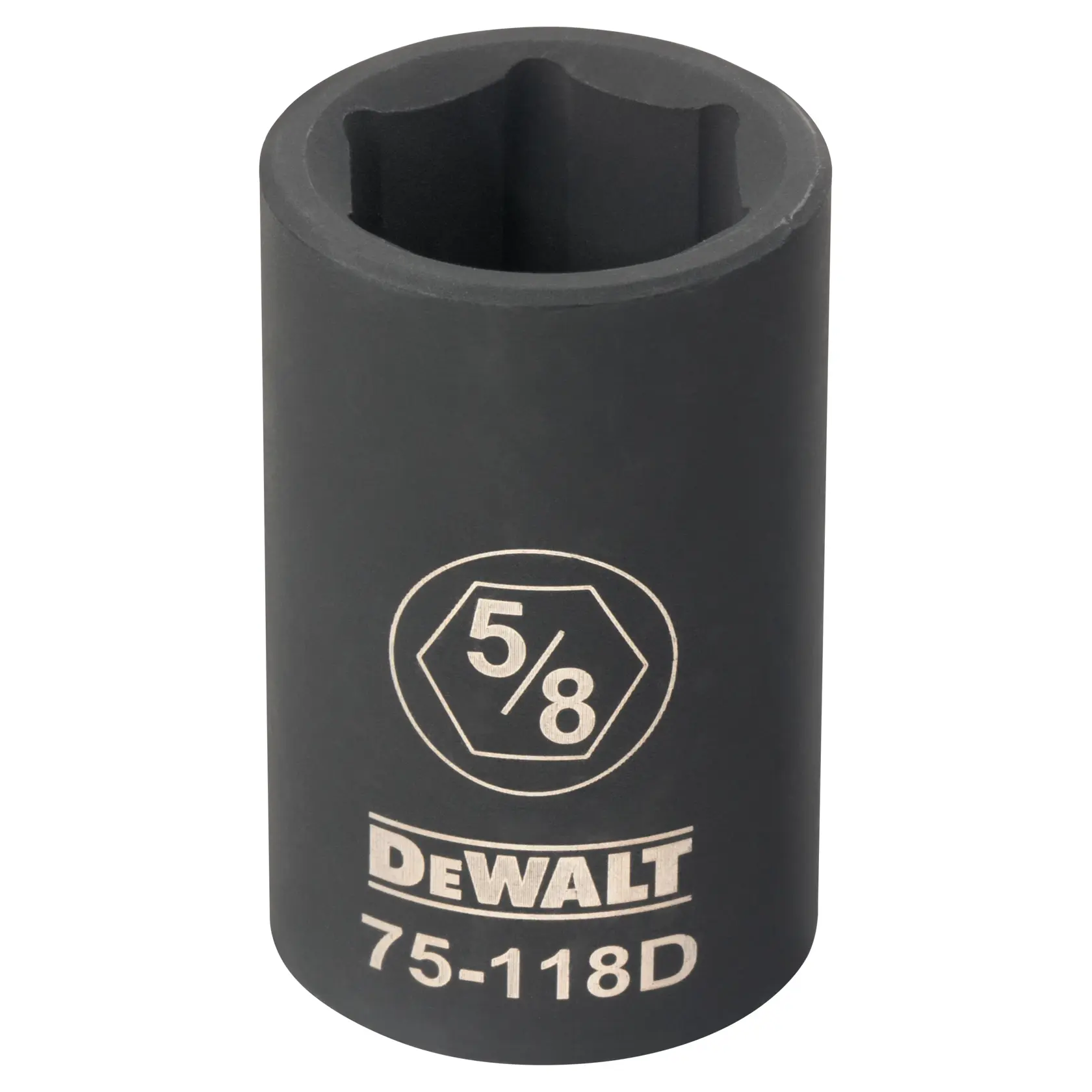 Imagem de close-up de um soquete profundo da marca DEWALT, tamanho 5/8 polegadas, com o número do modelo 75-118D impresso na lateral em letras brancas.