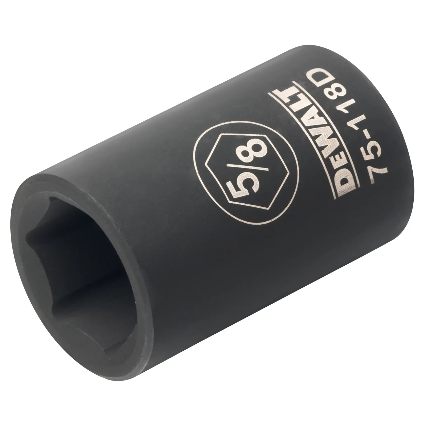Imagem em close de um soquete longo para impacto da marca DEWALT, tamanho 5/8 polegadas, com código de produto 75-118D, feito de material metálico escuro.