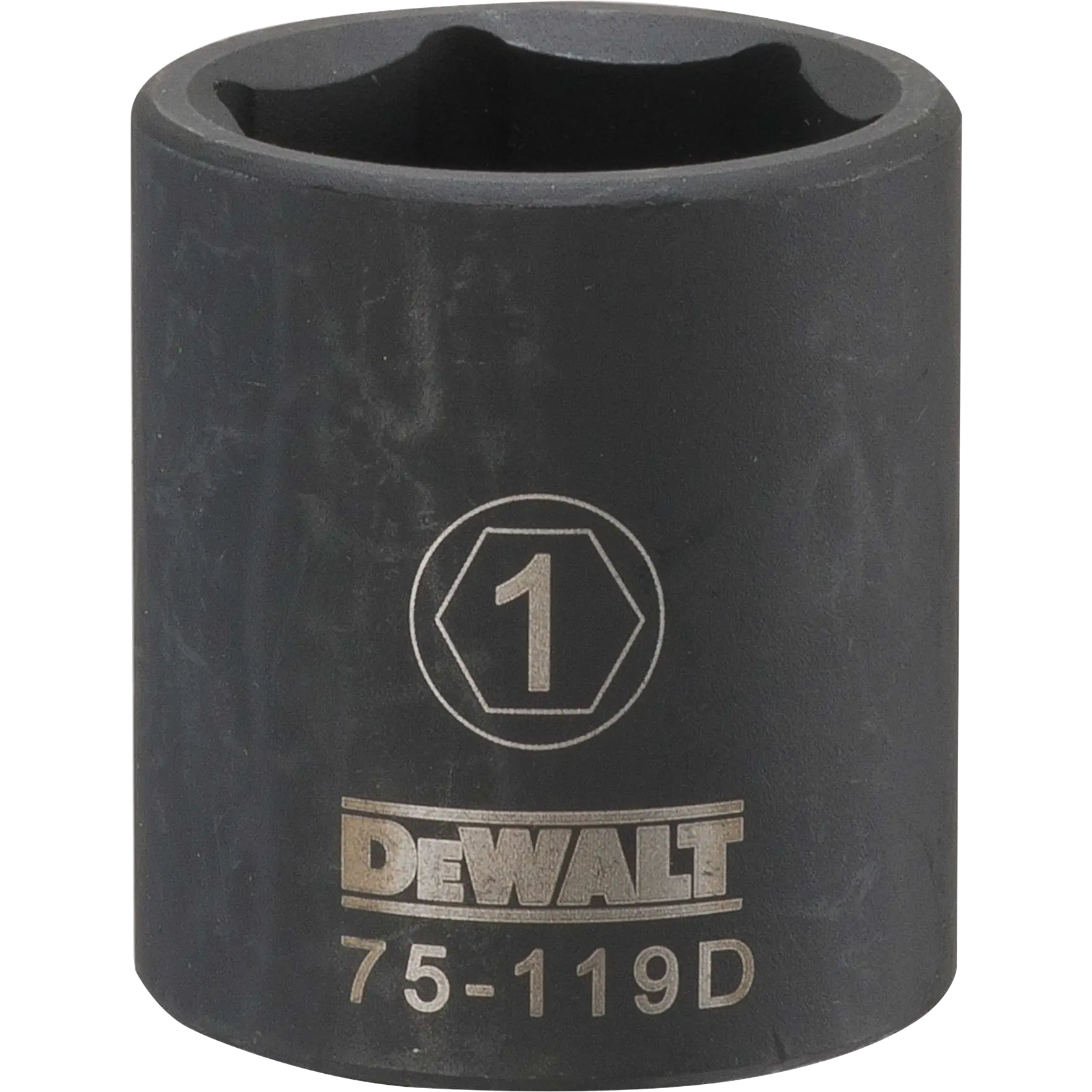 Um soquete de impacto preto DEWALT de 1 polegada com marcações gravadas, incluindo o logotipo DEWALT e o código 75-119D.