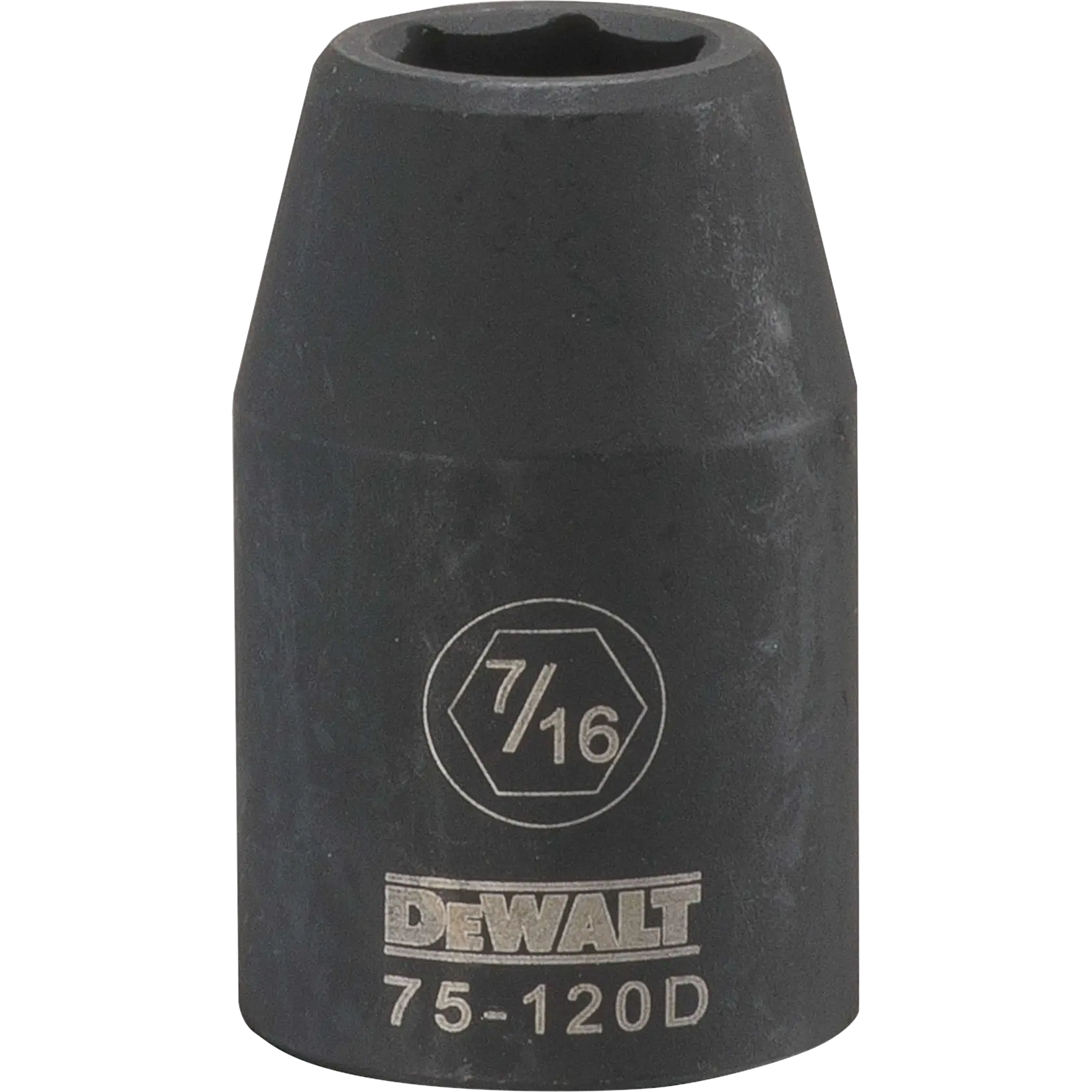 Soquete de impacto DEWALT de 7/16 polegadas com o número de modelo 75-120D. O soquete é preto e cilíndrico, com gravações mostrando o logotipo DEWALT, o tamanho do soquete e o número do modelo.