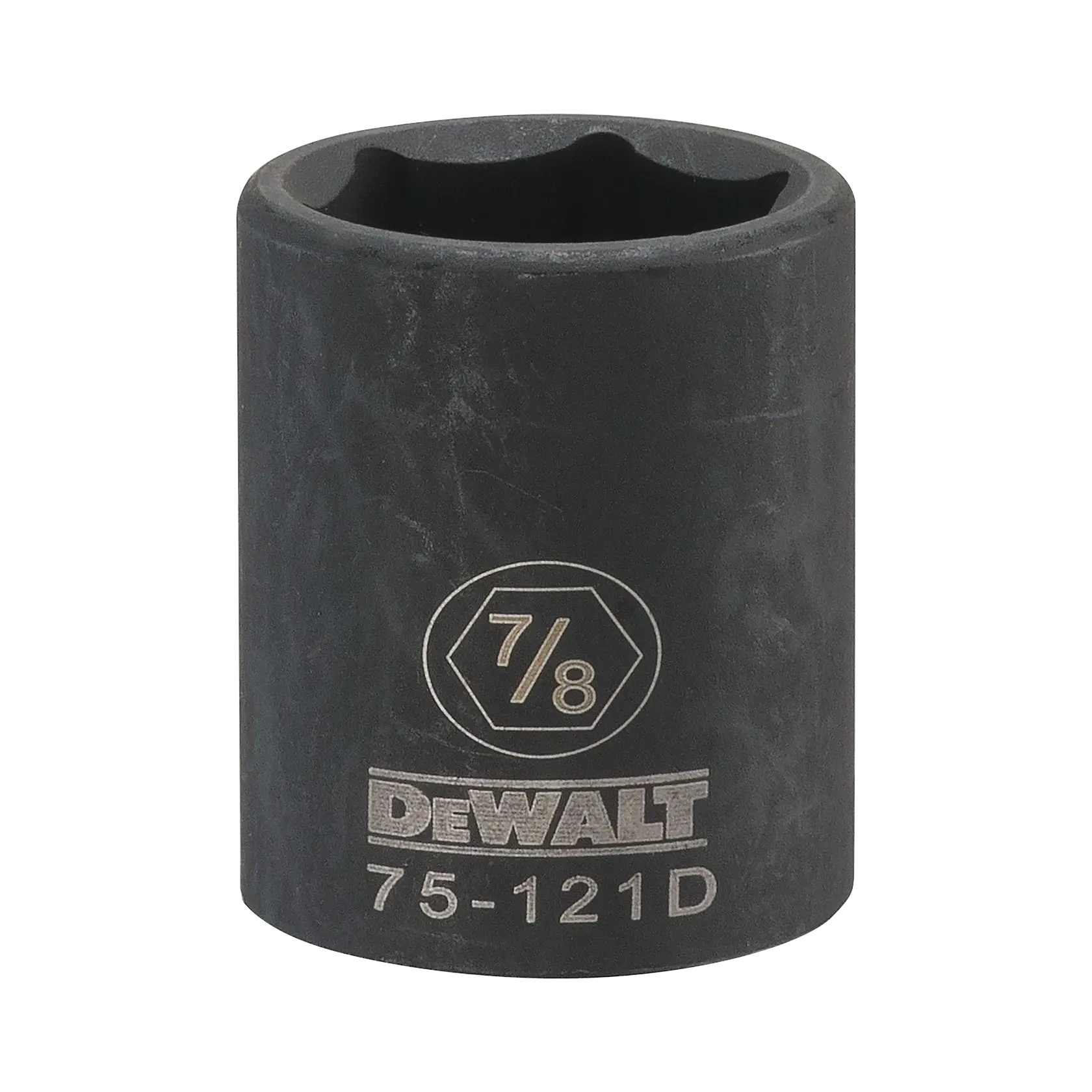 Soquete de impacto DEWALT de 7/8 polegadas, formato cilíndrico, feito de metal escuro, com o número do modelo 75-121D gravado na superfície.