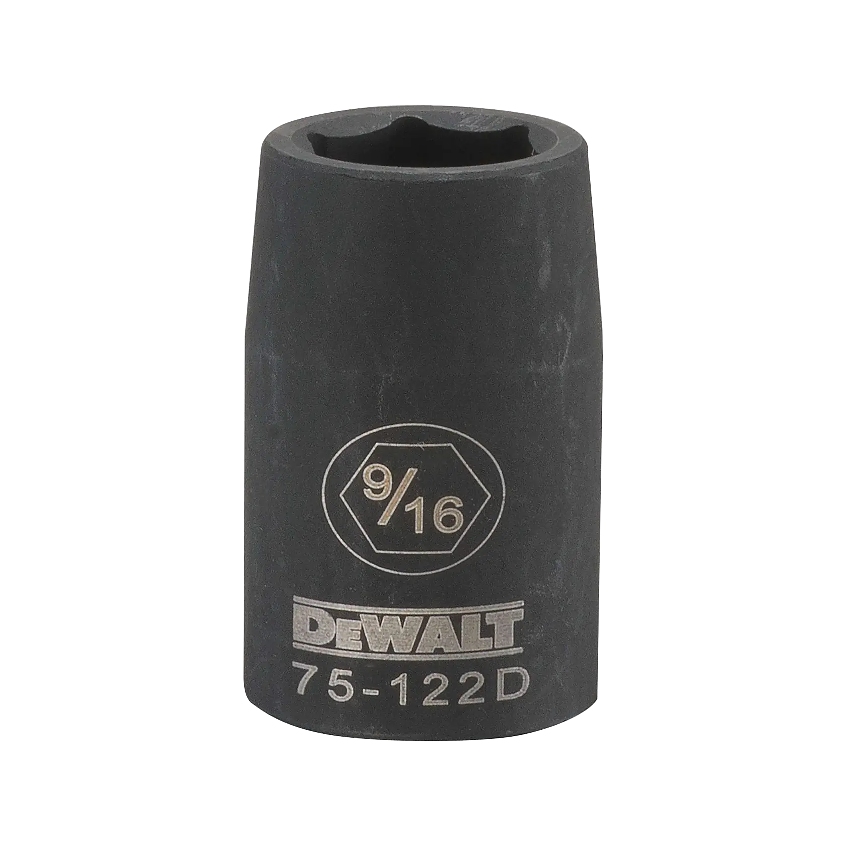 Soquete preto da marca DEWALT, tamanho 9/16 polegada, com o número do item 75-122D gravado na superfície.