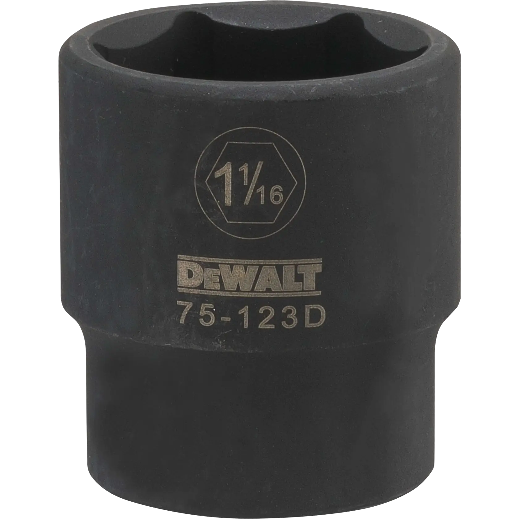 Imagem em close de um soquete de impacto DEWALT de 1 1/16 polegadas com o número do modelo 75-123D gravado na lateral. O soquete é preto e feito de metal.