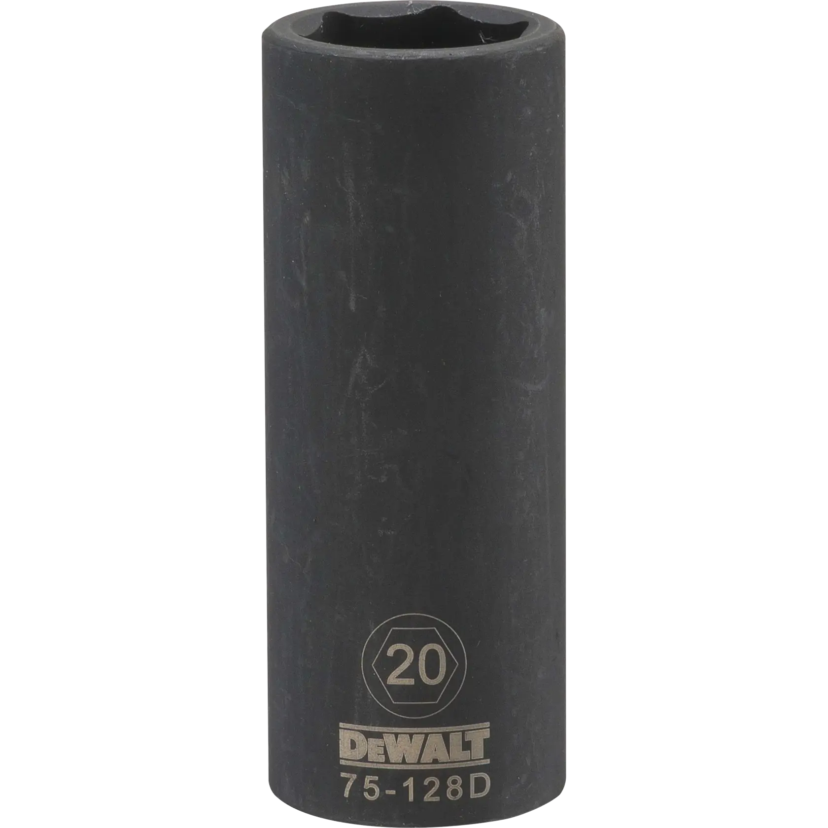 Um soquete de impacto profundo DEWALT de 20 mm, modelo 75-128D, exibido na posição vertical com a marca e especificações visíveis em branco na superfície metálica preta.