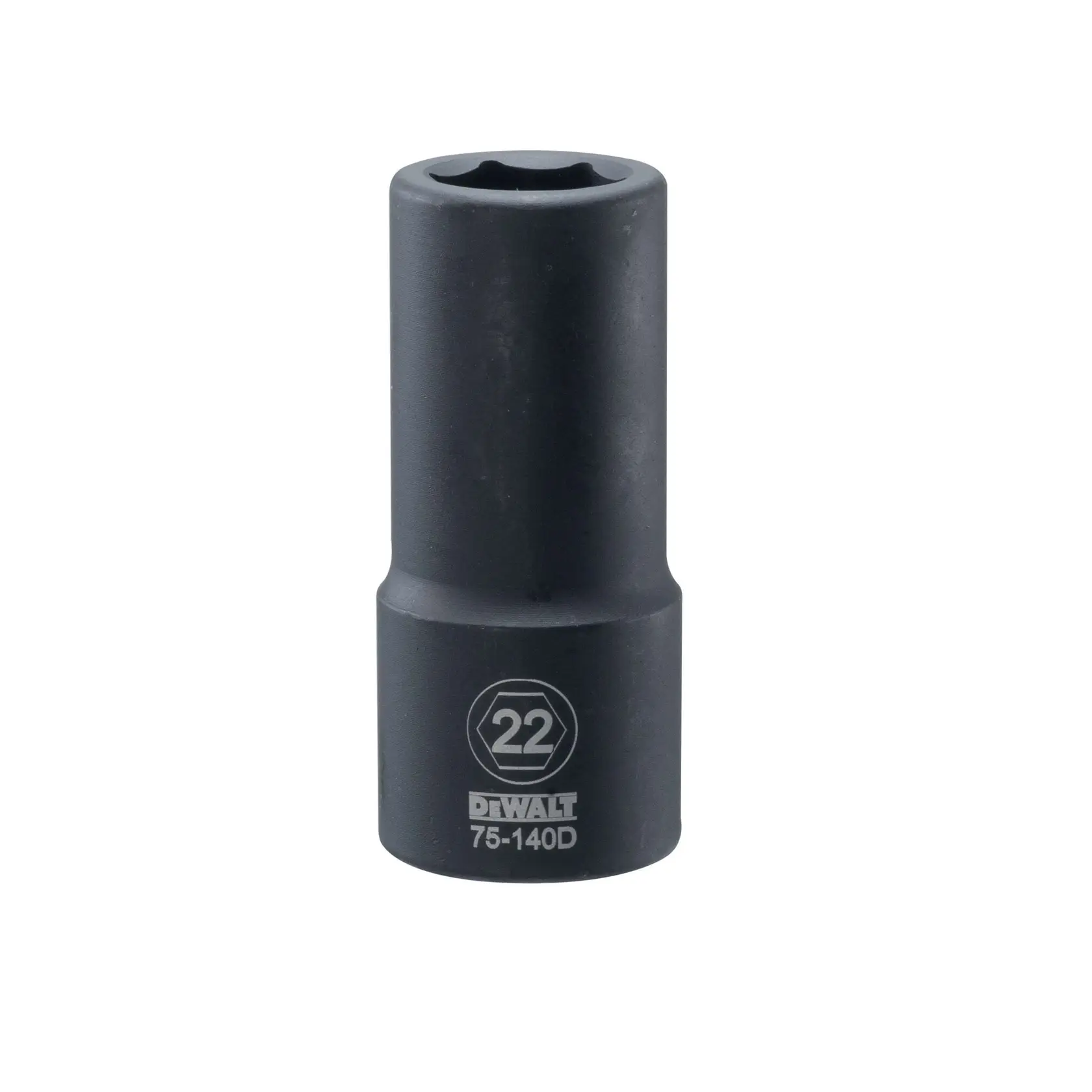 Um soquete de impacto profundo DEWALT de 22mm, número de modelo 75-140D, projetado para uso com chaves de impacto.