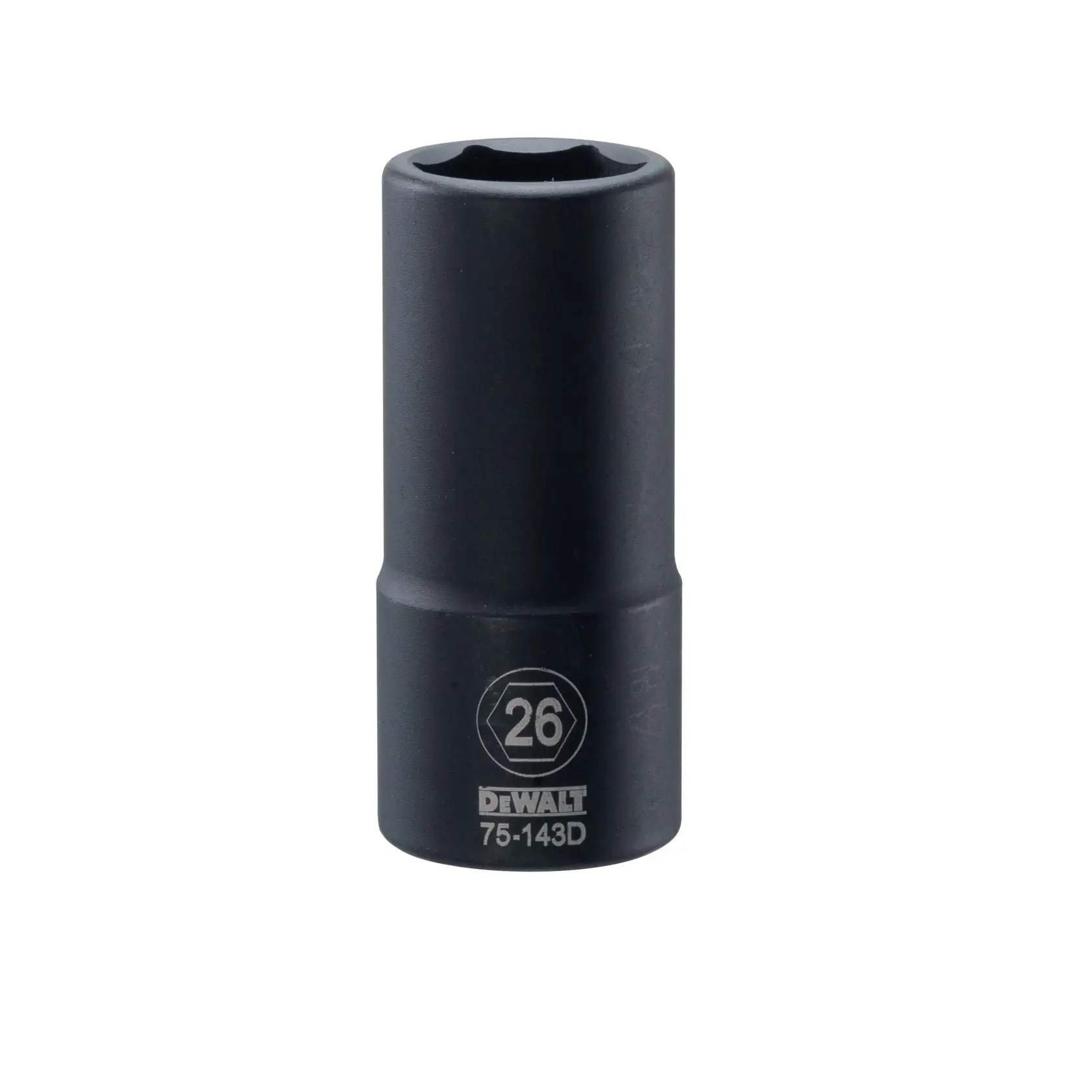 Um soquete de impacto profundo da DEWALT com marcação de tamanho 26 mm, número do modelo 75-143D, mostrado na posição vertical em um fundo branco.