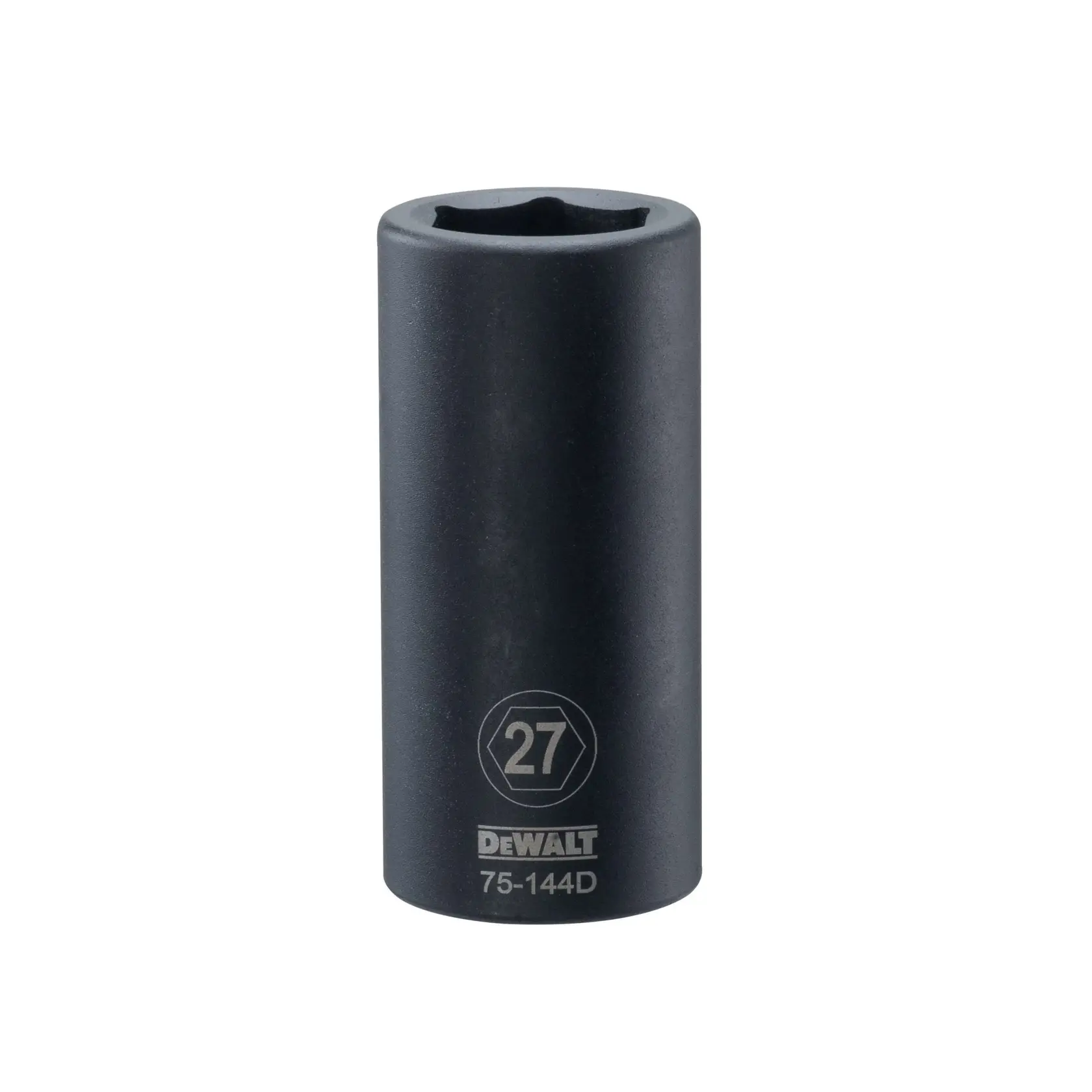Um soquete de impacto profundo preto da marca DEWALT com abertura hexagonal, tamanho 27 mm, número do modelo 75-144D, em pé sobre um fundo branco.