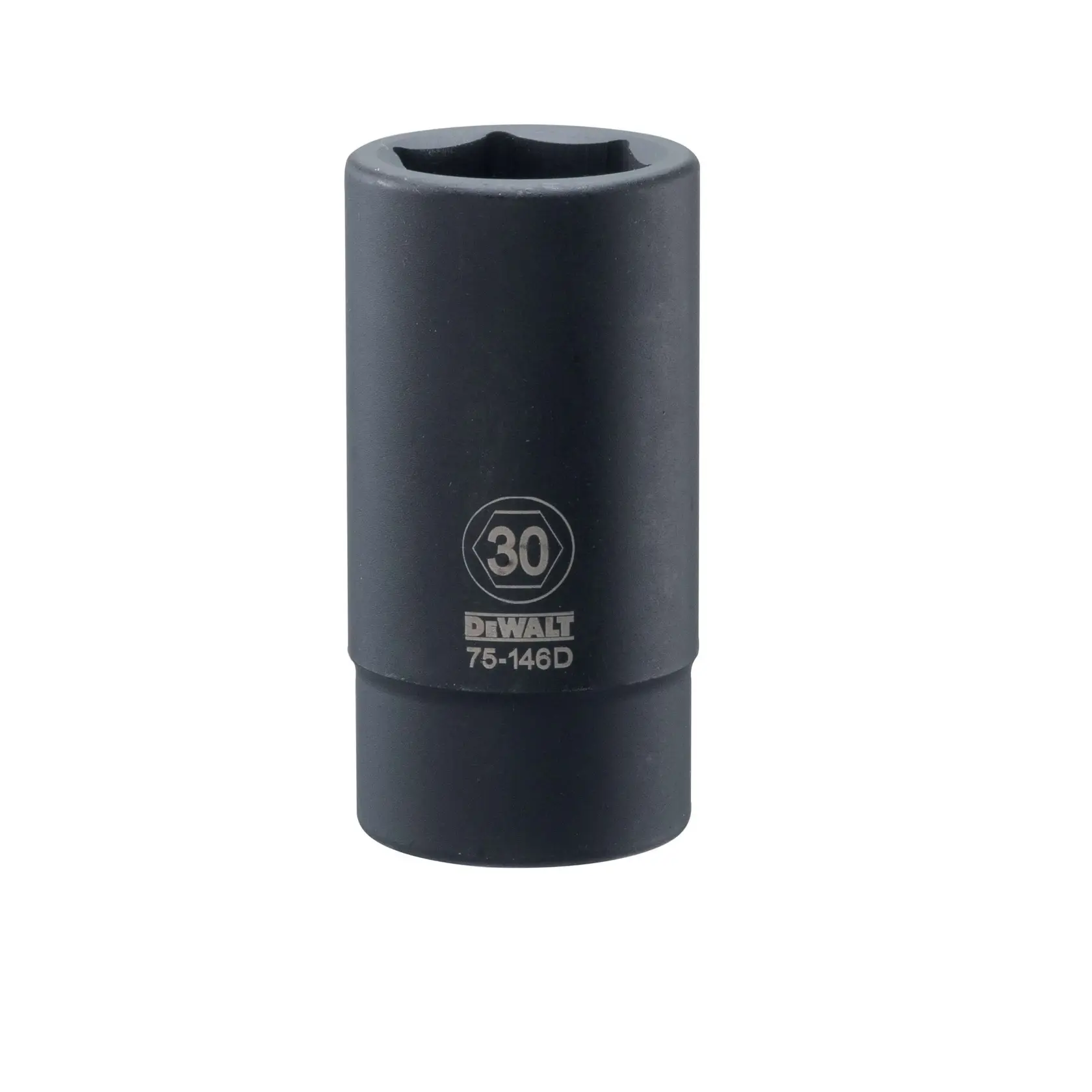 Um soquete preto DEWALT com abertura hexagonal, rotulado com o número 30 e o código 75-146D, usado para aplicações mecânicas ou automotivas.