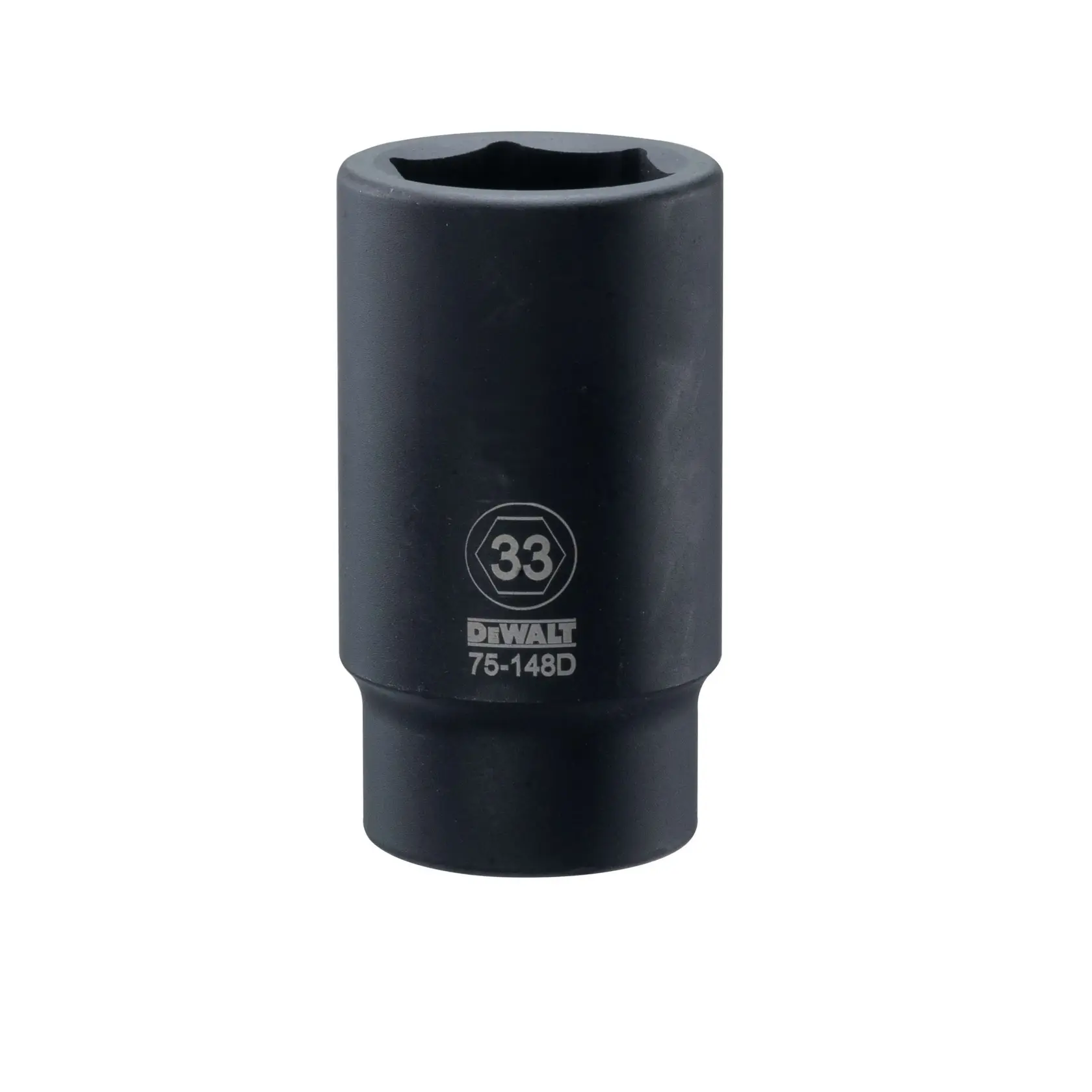 Um soquete de impacto preto DEWALT com abertura hexagonal, tamanho 33, número do modelo 75-148D, mostrado sobre um fundo branco.