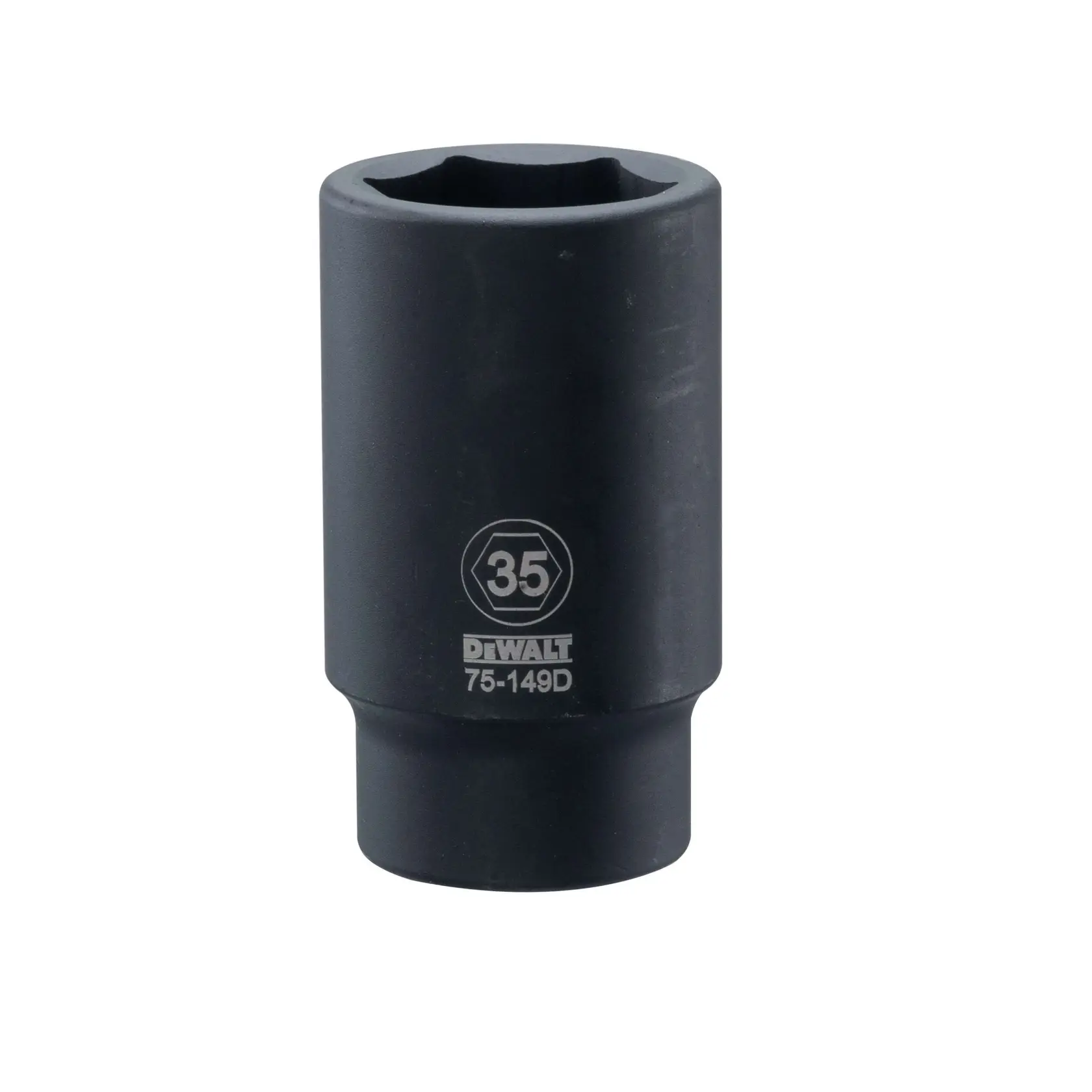 Um soquete de impacto DEWALT de 35 mm com o número de modelo 75-149D. O soquete é preto e cilíndrico, projetado para uso com ferramentas elétricas.