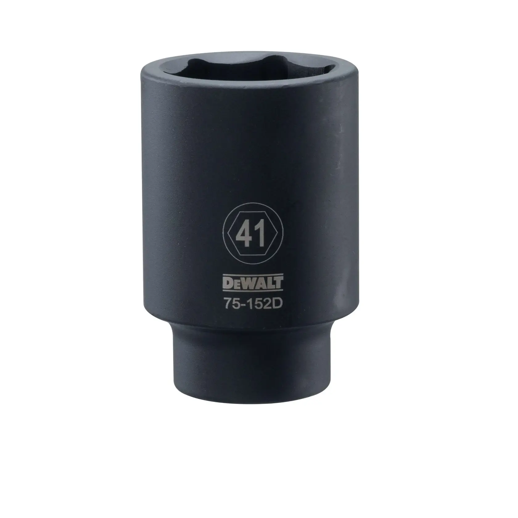 Uma ferramenta de soquete DEWALT preta de 41 mm, número do modelo 75-152D, usada para apertar ou afrouxar parafusos e porcas.