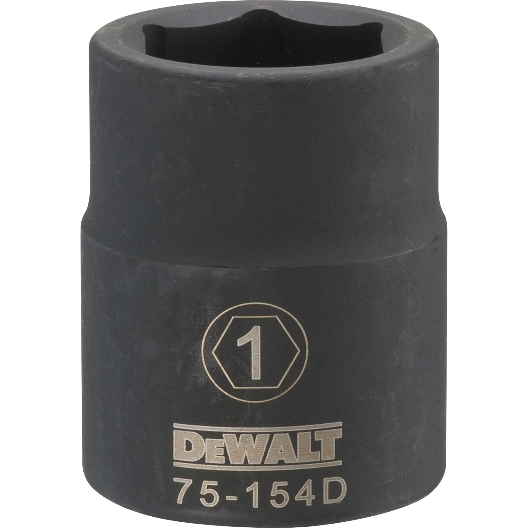 Vista de perto de um soquete de impacto DEWALT com abertura hexagonal, marcado com tamanho 1 e número do modelo 75-154D.