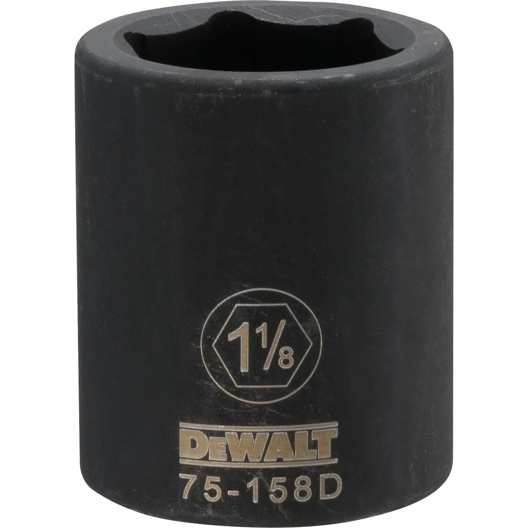 Uma ferramenta de soquete profundo da marca DEWALT com marcação de tamanho de 1 1/8 polegada e número do modelo 75-158D.