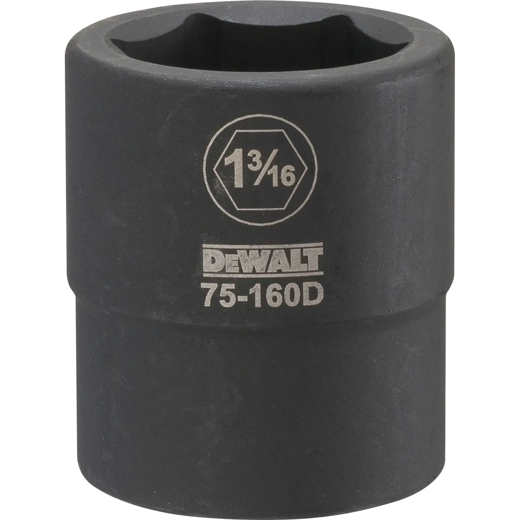Imagem em close de um soquete preto da marca DEWALT com a marcação '1 3/16' e o número do modelo '75-160D' gravados em sua superfície.