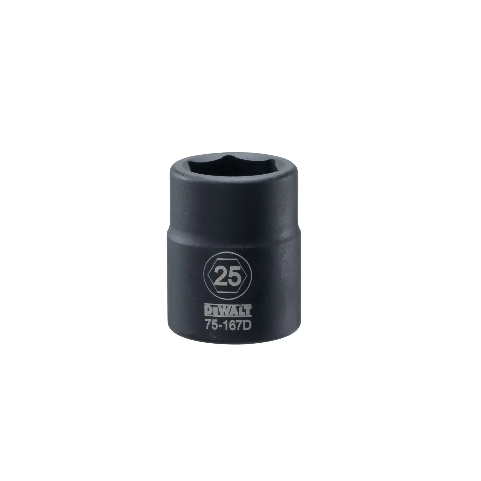 Um soquete de impacto da marca DEWALT com o número 25 e o modelo 75-167D exibidos em seu corpo. O soquete é preto e está apresentado sobre um fundo branco.