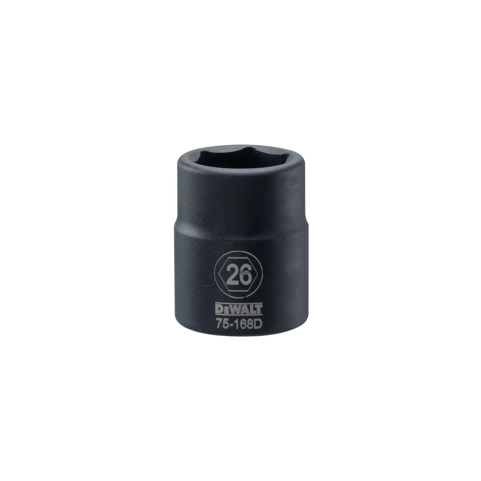 Soquete de impacto DEWALT 26mm, modelo 75-168D, mostrado na vertical sobre fundo branco simples.