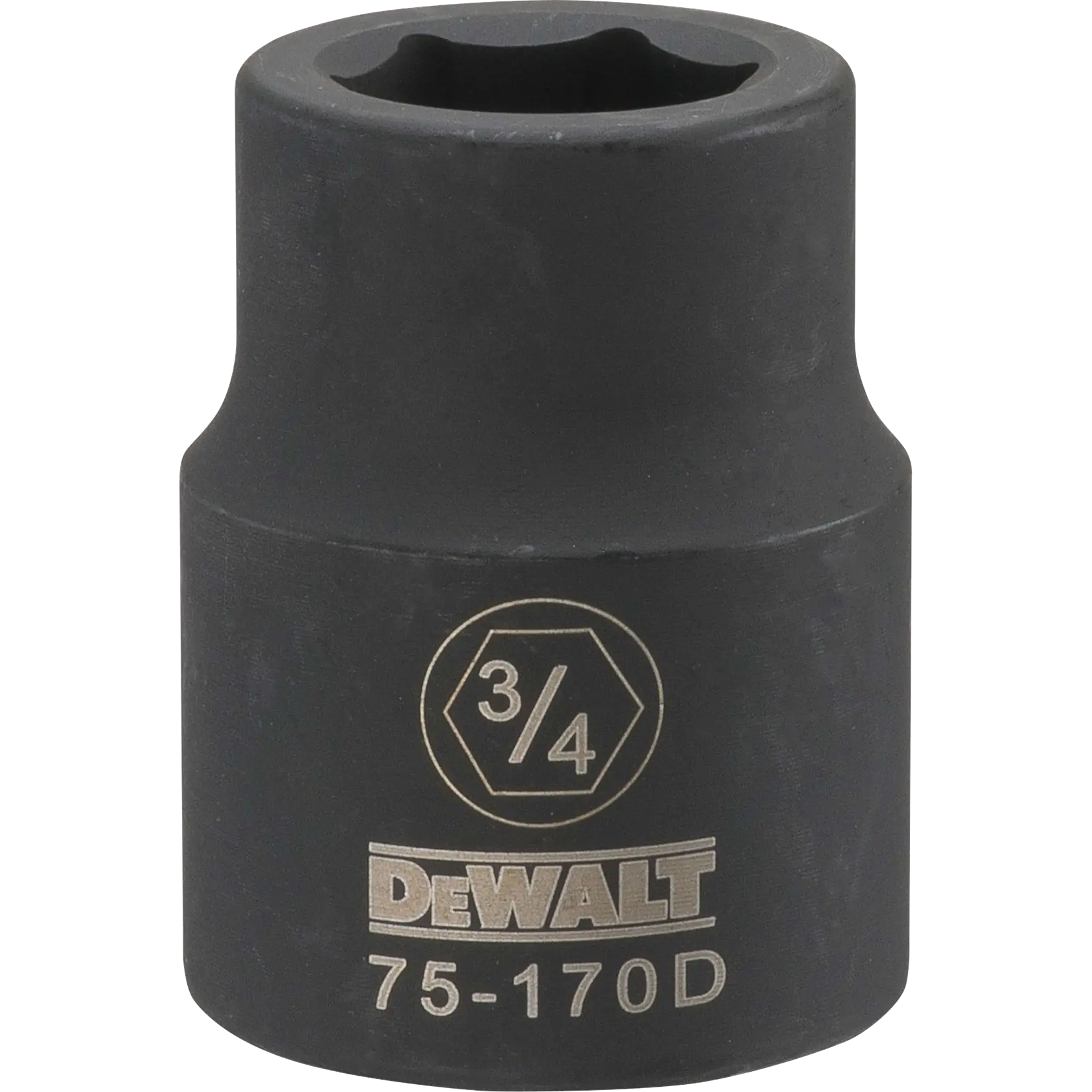 Imagem em close-up de um soquete de impacto da marca DEWALT com a marcação de 3/4 polegadas e o número do modelo 75-170D gravados em sua superfície. O soquete é preto e cilíndrico.