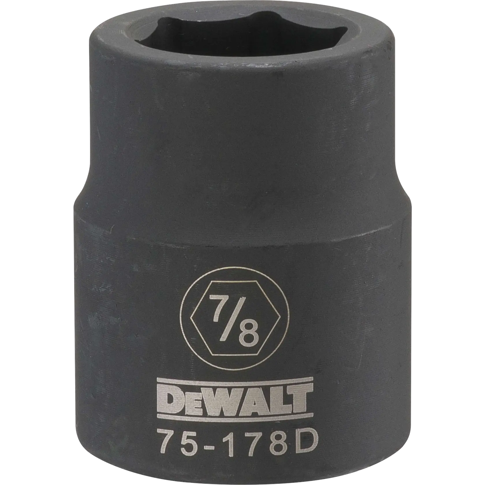 Um soquete de impacto DEWALT de 7/8 polegadas, número do modelo 75-178D, feito de metal escuro e projetado para uso com ferramentas elétricas.