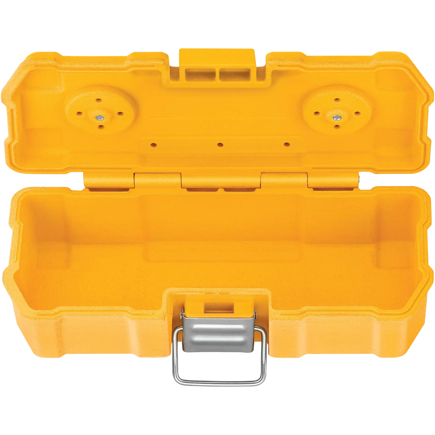 Uma maleta de transporte aberta de plástico duro amarelo com fecho de metal, projetada para guardar pequenas ferramentas ou acessórios. O interior está vazio e possui compartimentos moldados.