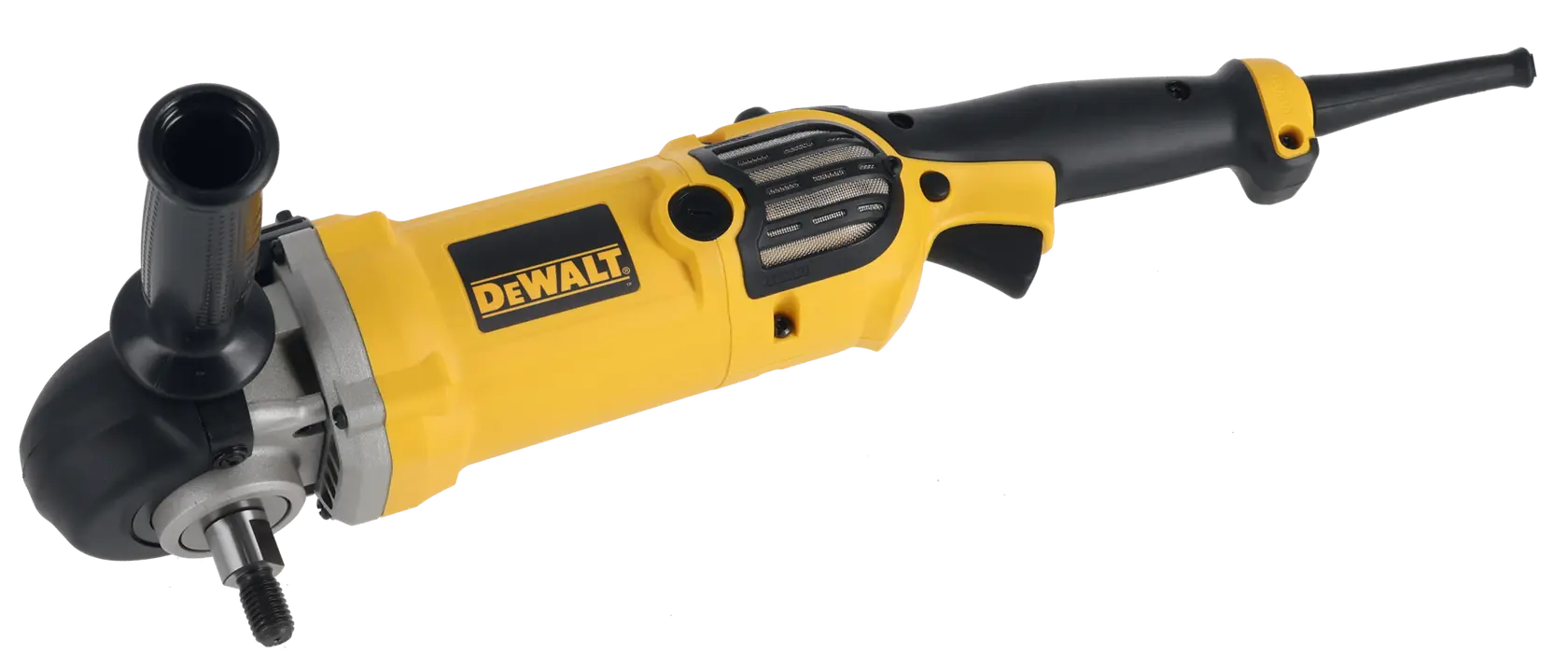 DEWALT yellow polisher DWP849X-B2, DWP849XB2, DWP849X-B3, DWP849X, DWP849X-AR, side view, black handle.