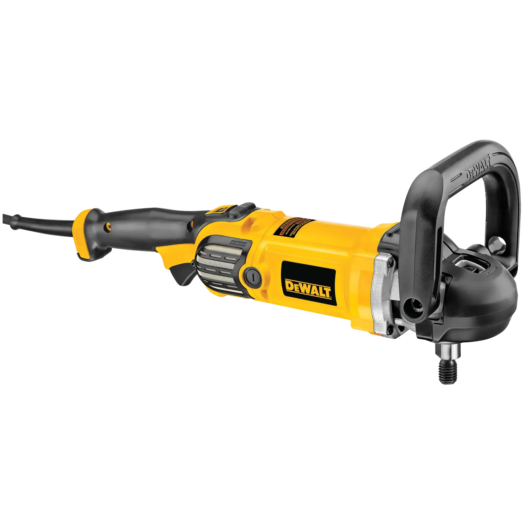 Photo of DEWALT polishers DWP849X-B2, DWP849XB2, DWP849X-B3, DWP849X, DWP849X-AR, yellow black side angle.