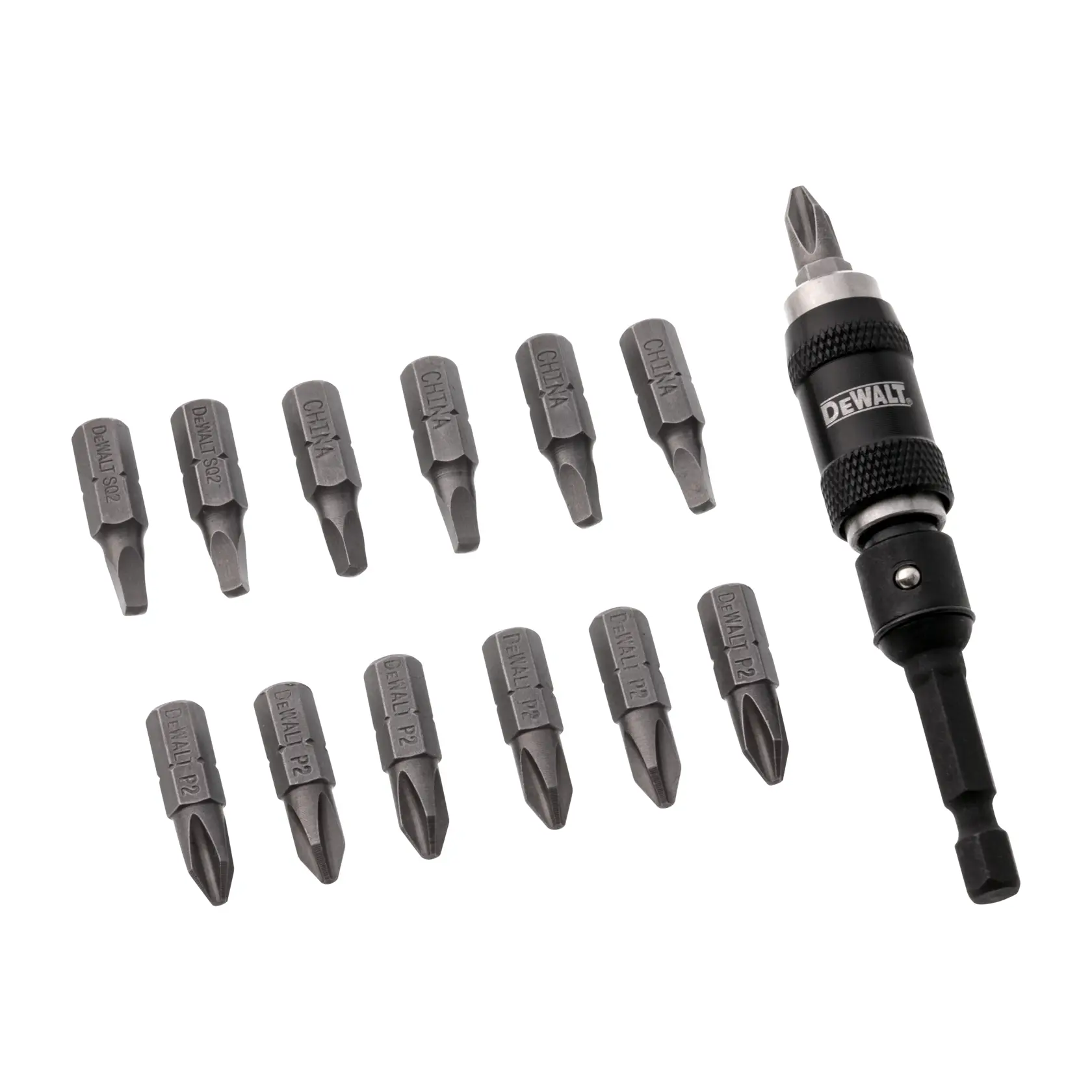 Um conjunto de bits de chave de fenda da marca DEWALT, com um suporte para bits e doze bits intercambiáveis, organizados em duas linhas sobre um fundo branco.