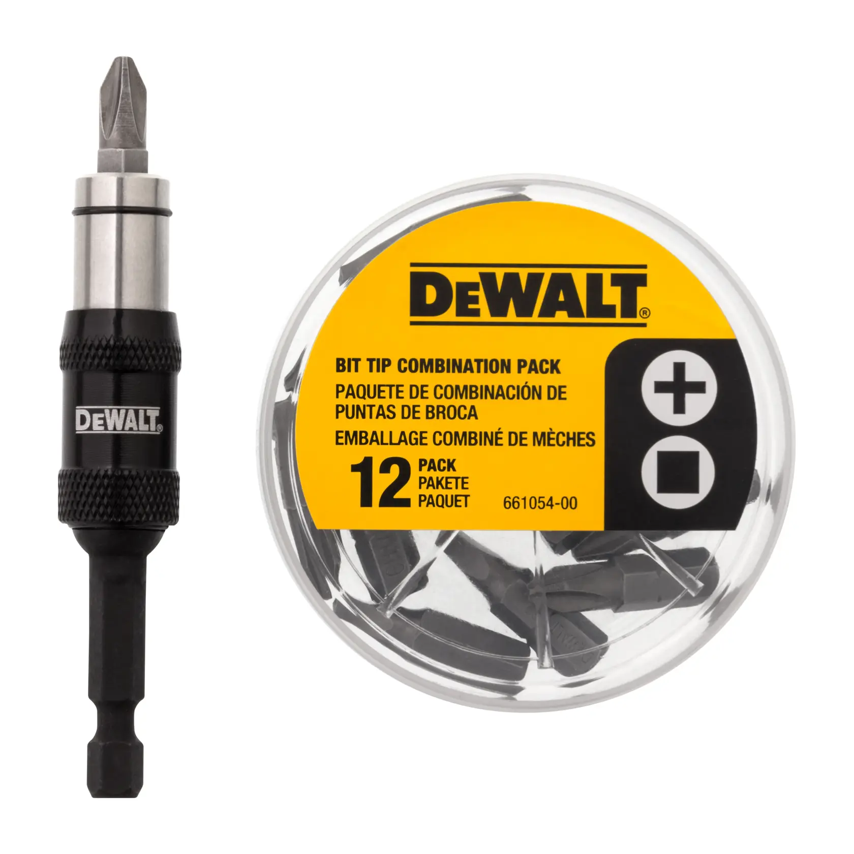 Um pacote de combinação de pontas DEWALT. A imagem mostra um suporte de pontas DEWALT e um recipiente plástico redondo com rótulo amarelo contendo 12 pontas variadas para parafusadeiras. O rótulo inclui informações do produto em inglês, espanhol e francês.