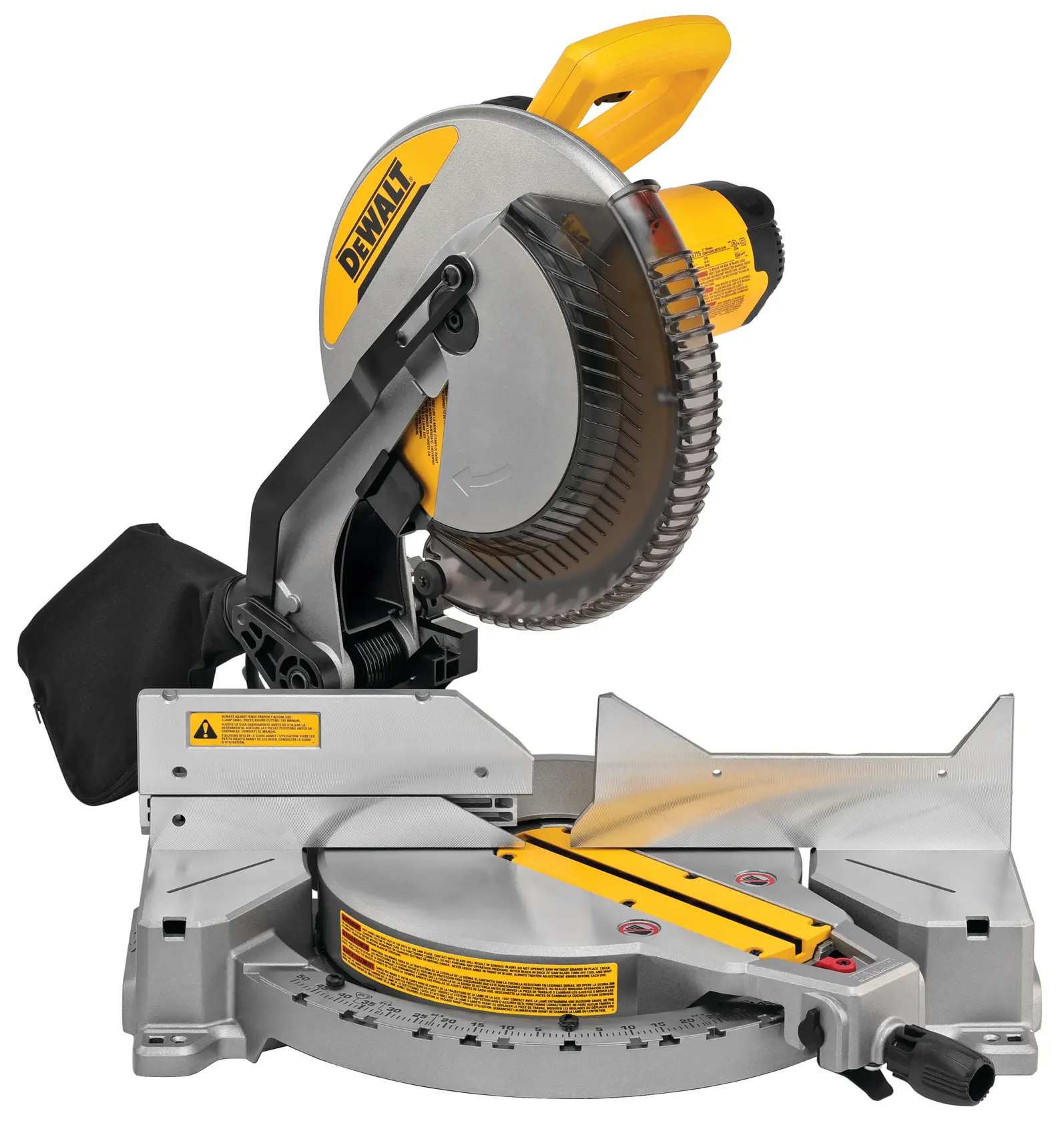 Uma serra de esquadria composta DEWALT DWS715 com alça amarela, saco de pó e base de corte ajustável. O equipamento é projetado para cortes precisos em ângulo e possui avisos de segurança na base metálica.