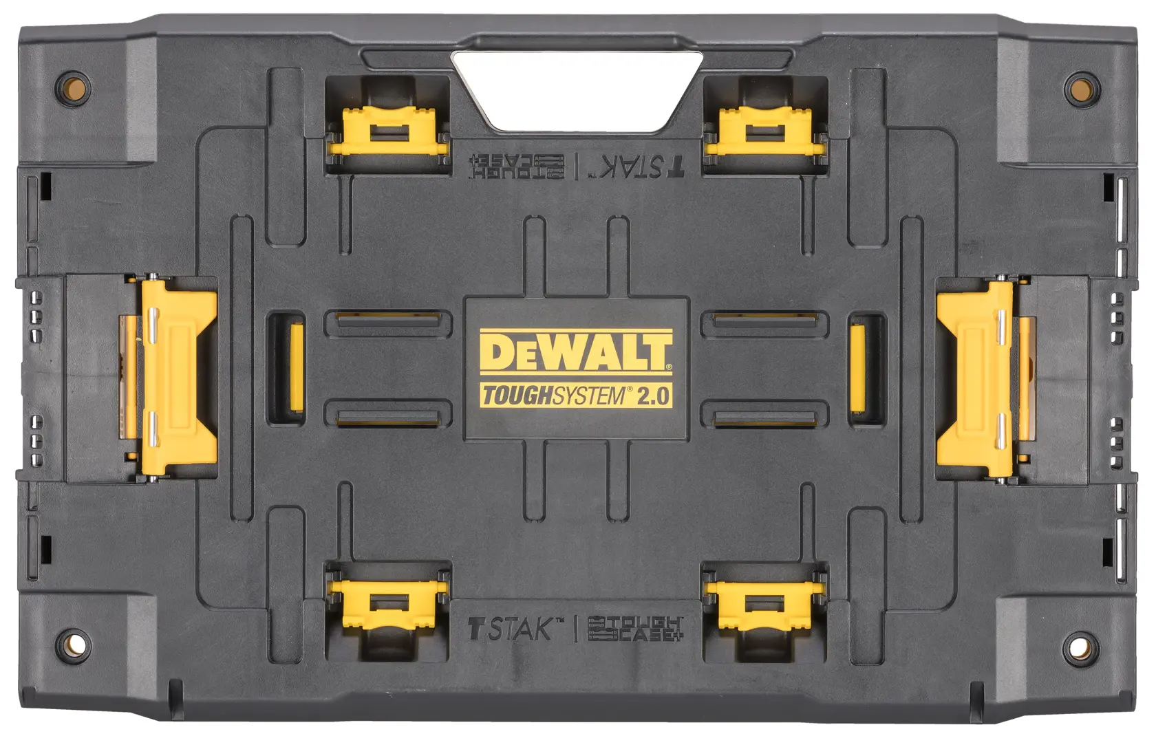 Uma caixa de armazenamento de ferramentas DEWALT ToughSystem 2.0 preta e amarela, vista de cima. A caixa apresenta um design robusto com travas e o logotipo DEWALT no centro.