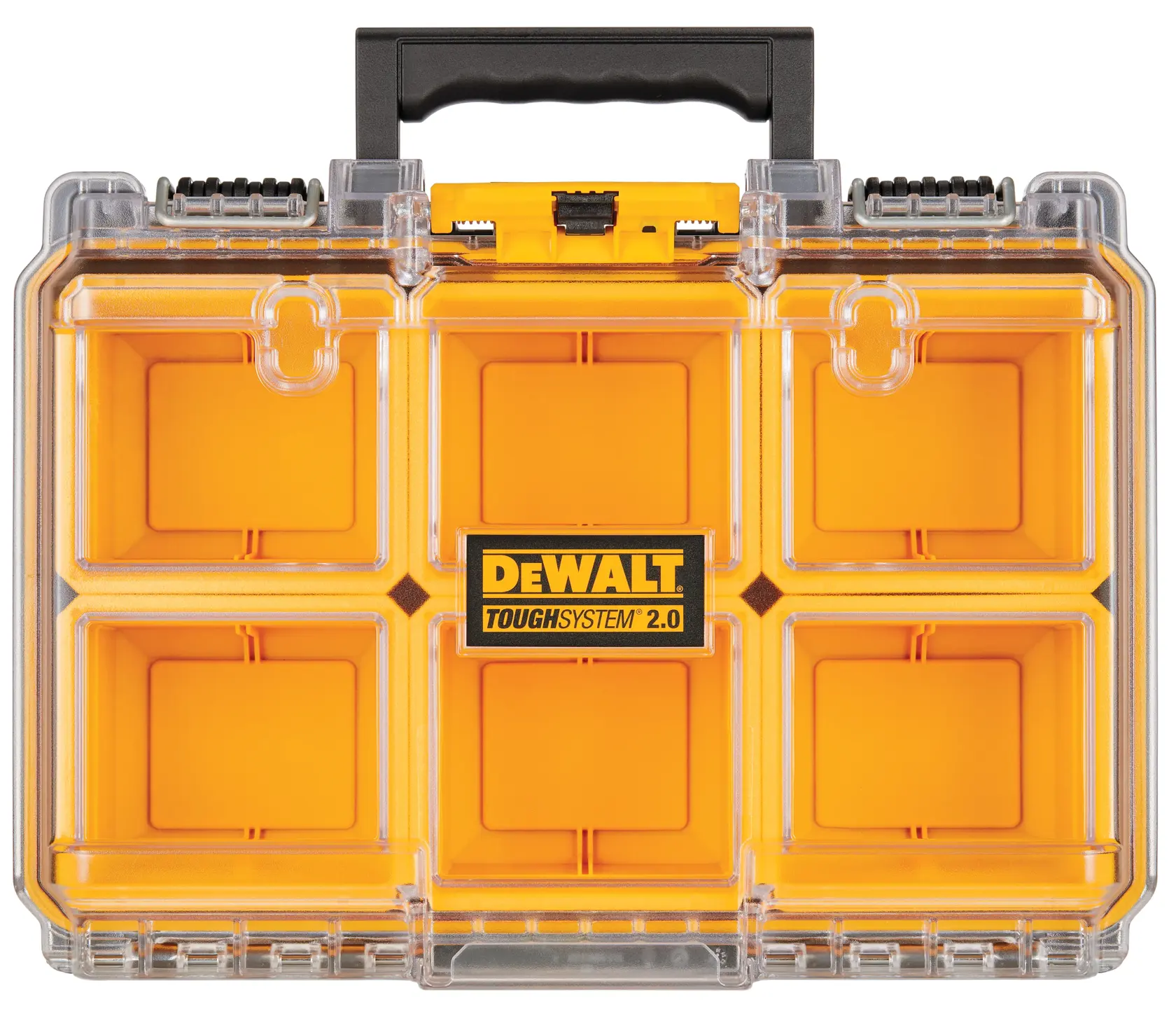 Vista frontal de um organizador DEWALT ToughSystem 2.0 com seis compartimentos laranjas, tampa transparente e alça preta para transporte.