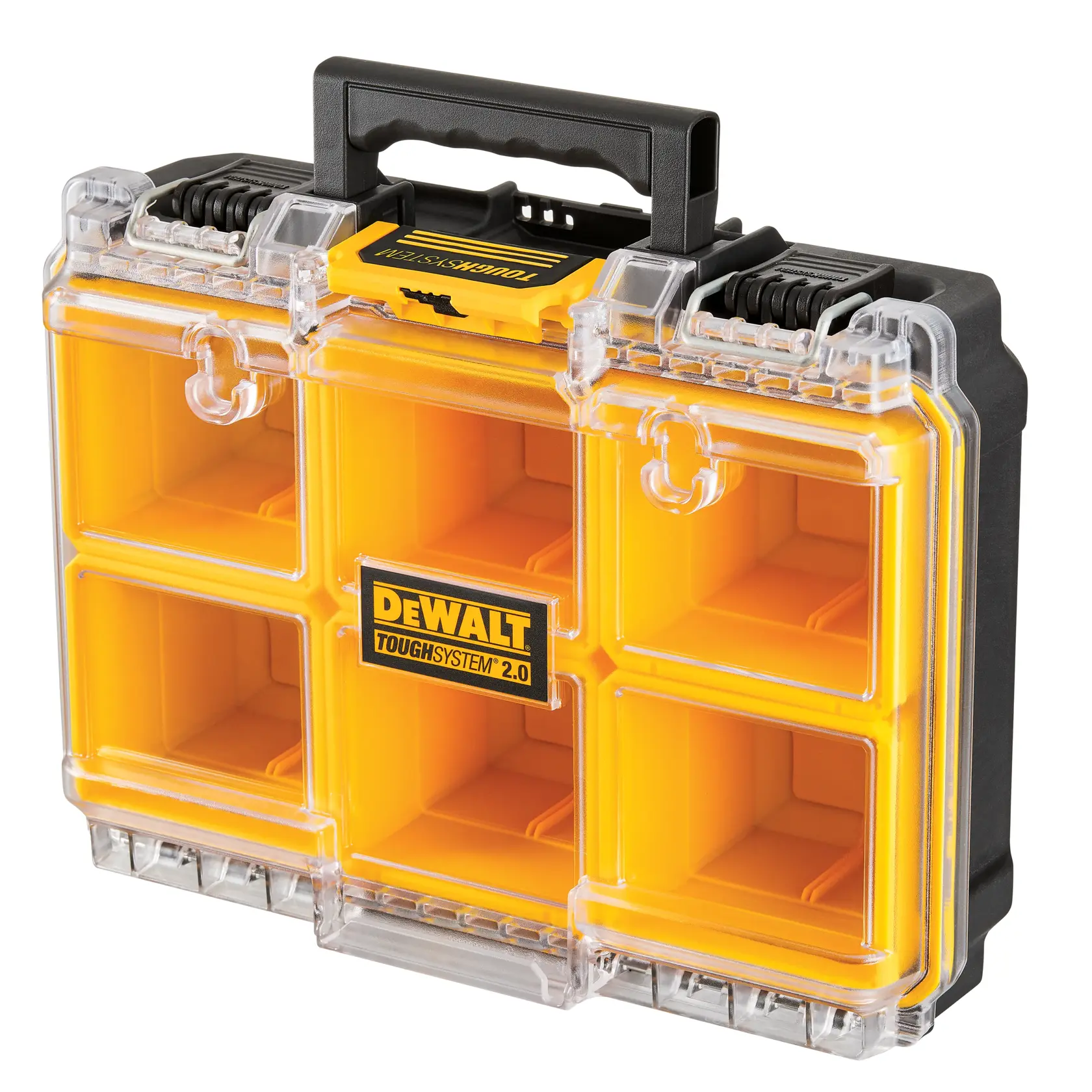 Um organizador portátil DEWALT ToughSystem 2.0 com seis compartimentos amarelos, tampa transparente e alça preta.