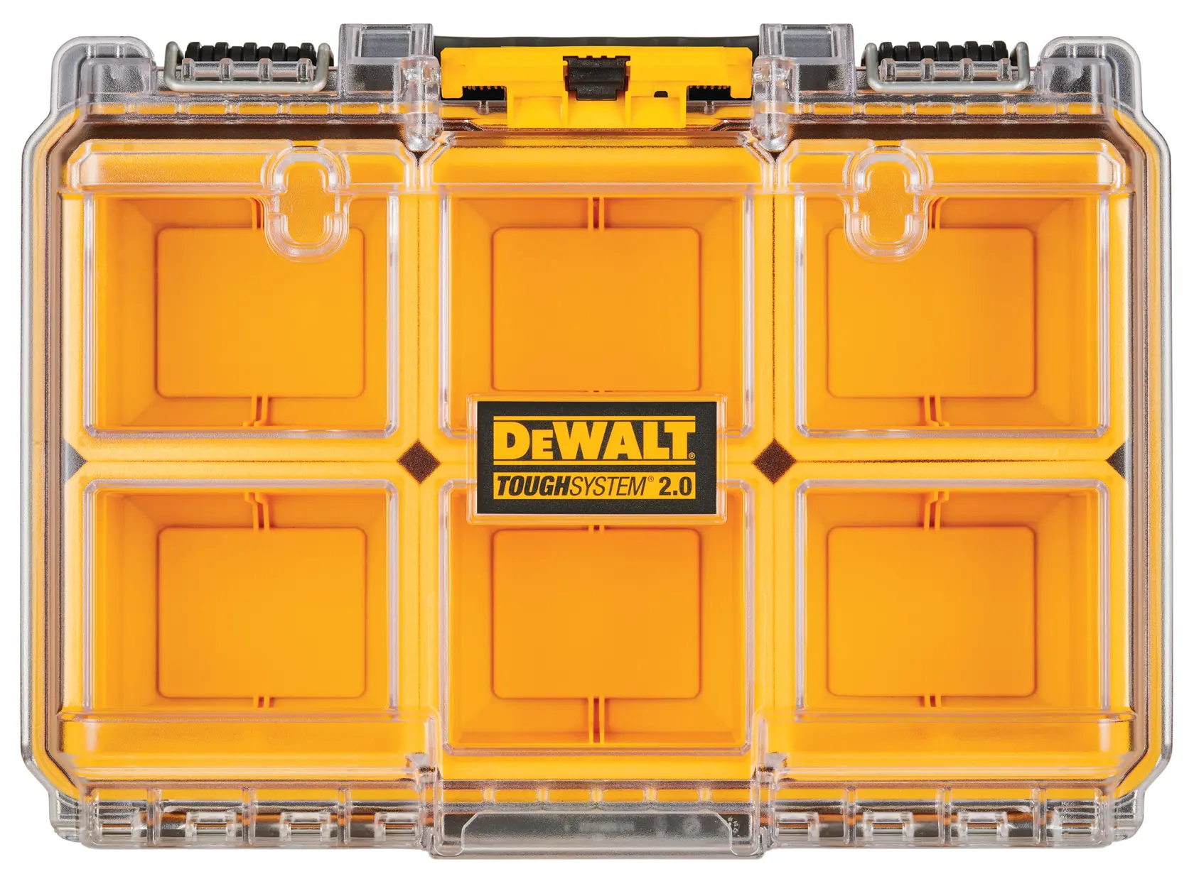 Vista frontal de um organizador DEWALT ToughSystem 2.0 com tampa transparente e seis compartimentos amarelos brilhantes, projetado para armazenamento de peças pequenas ou ferramentas.