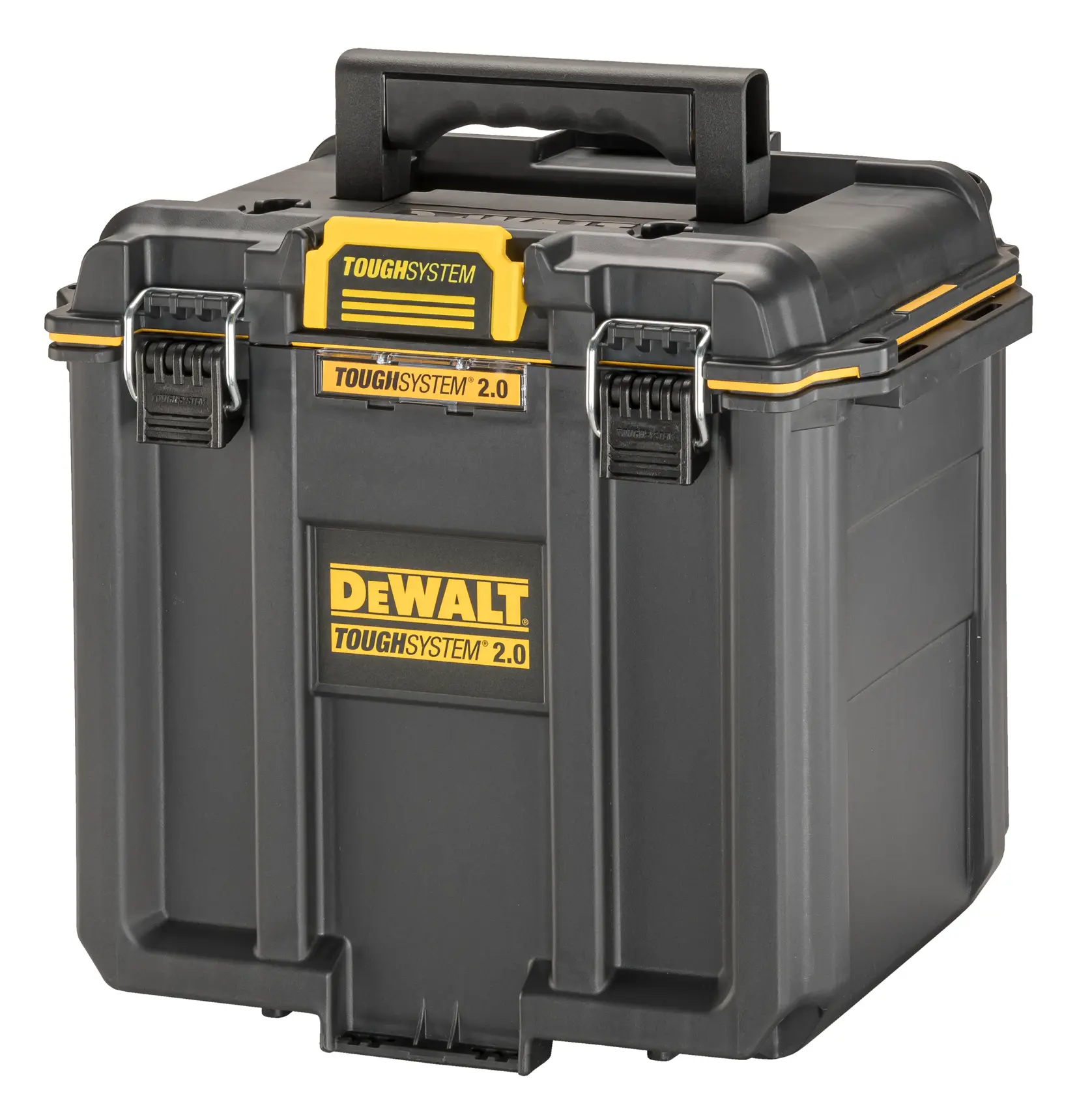 Uma caixa de ferramentas portátil DEWALT ToughSystem 2.0, preta com detalhes amarelos, com fechos metálicos robustos e uma alça de plástico na parte superior.