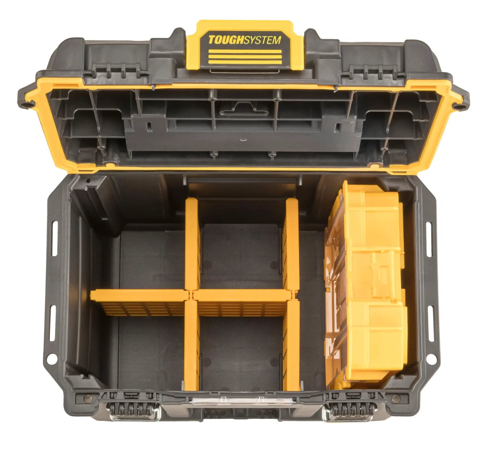 Estojo de armazenamento DEWALT ToughSystem aberto com divisórias e compartimentos amarelos, mostrando seções organizadas para ferramentas e acessórios.