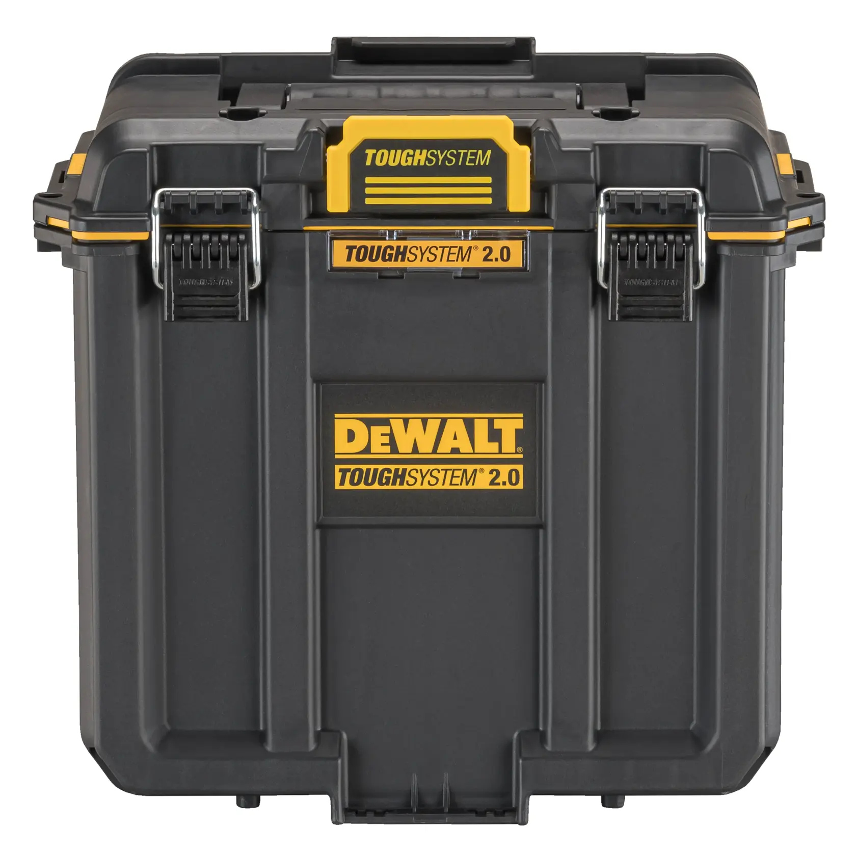 Vista frontal de uma caixa de armazenamento de ferramentas DEWALT ToughSystem 2.0 preta, com marca amarela e travas metálicas robustas.
