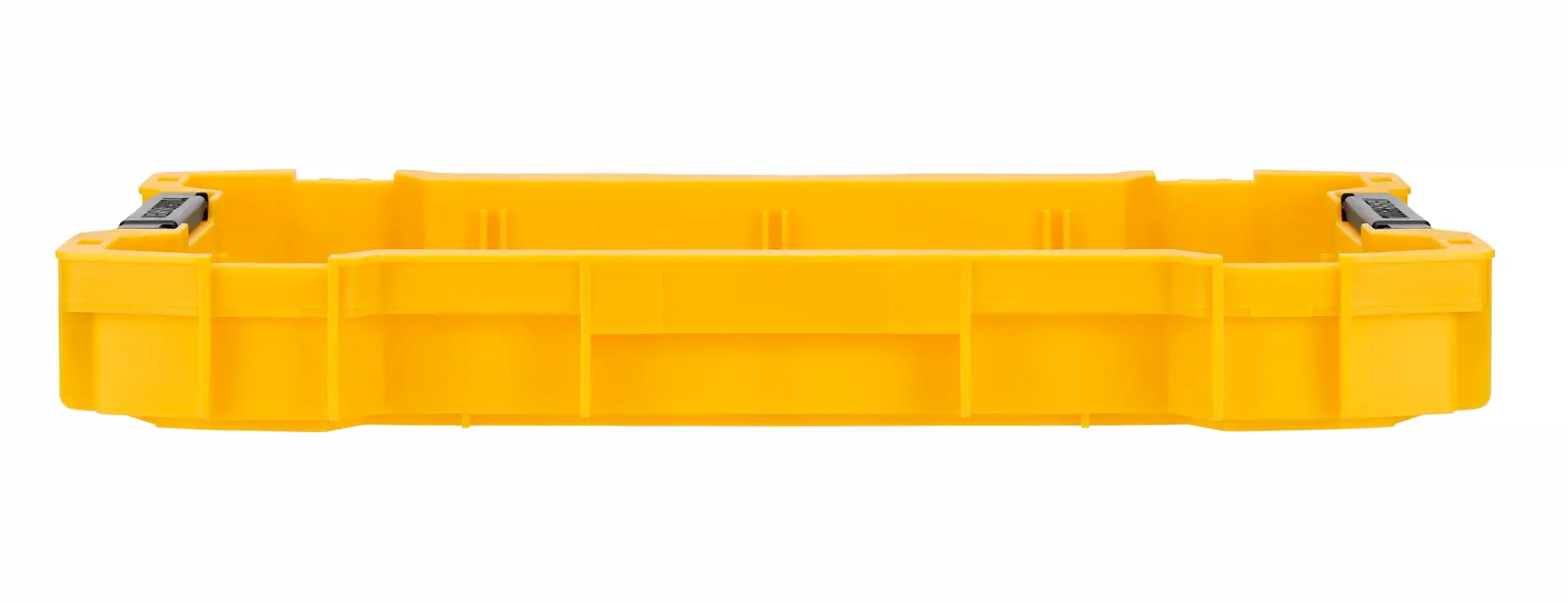 Uma caixa de armazenamento rasa amarela DEWALT com travas de metal pretas, mostrada de frente sobre um fundo branco.