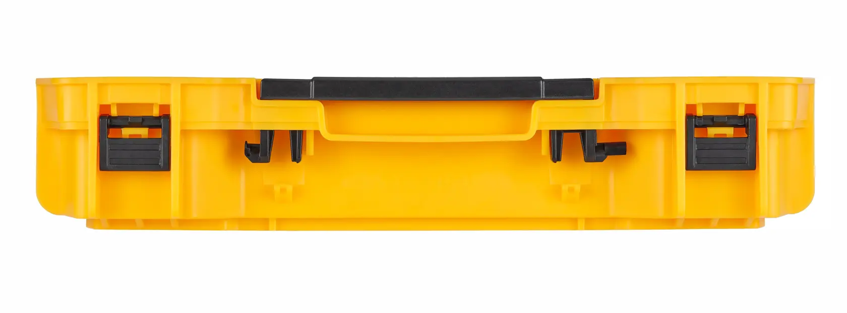 Vista frontal de uma caixa de armazenamento de ferramentas DEWALT amarela de plástico com alça e travas pretas.