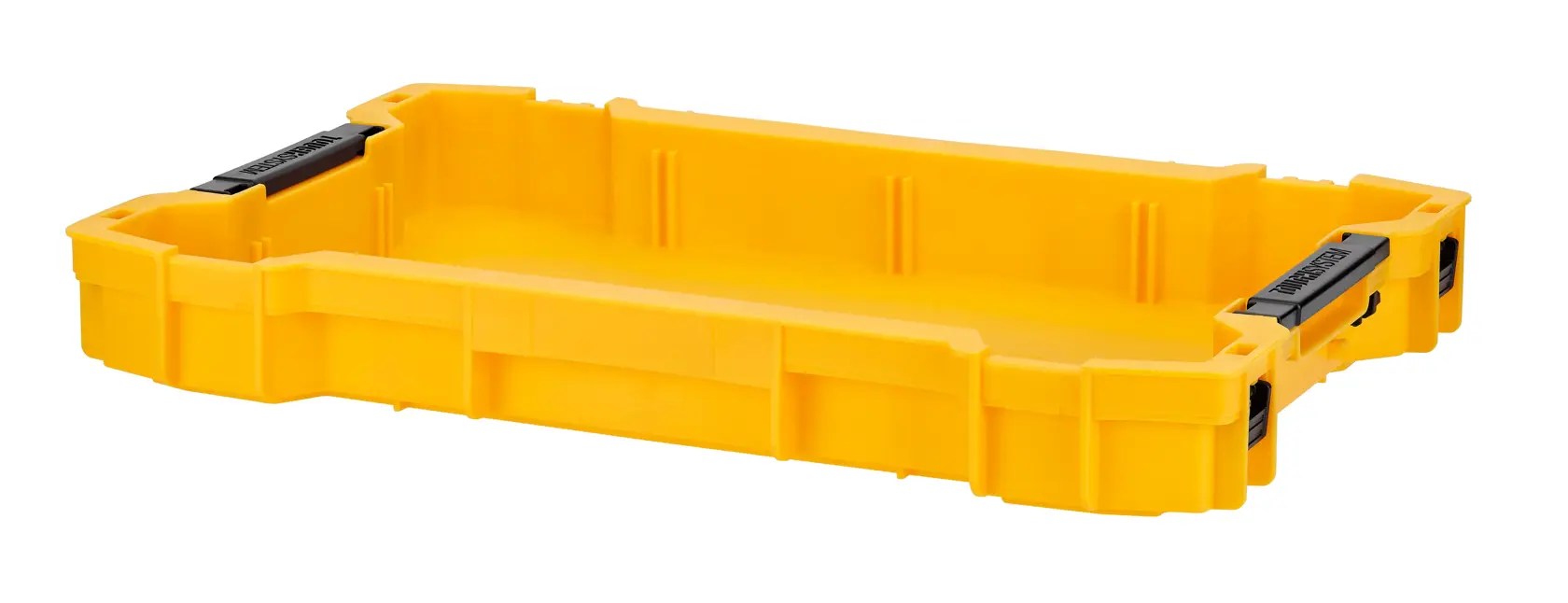 Uma bandeja retangular rasa de caixa de ferramentas em plástico amarelo com travas pretas, adequada para organizar ferramentas ou acessórios.