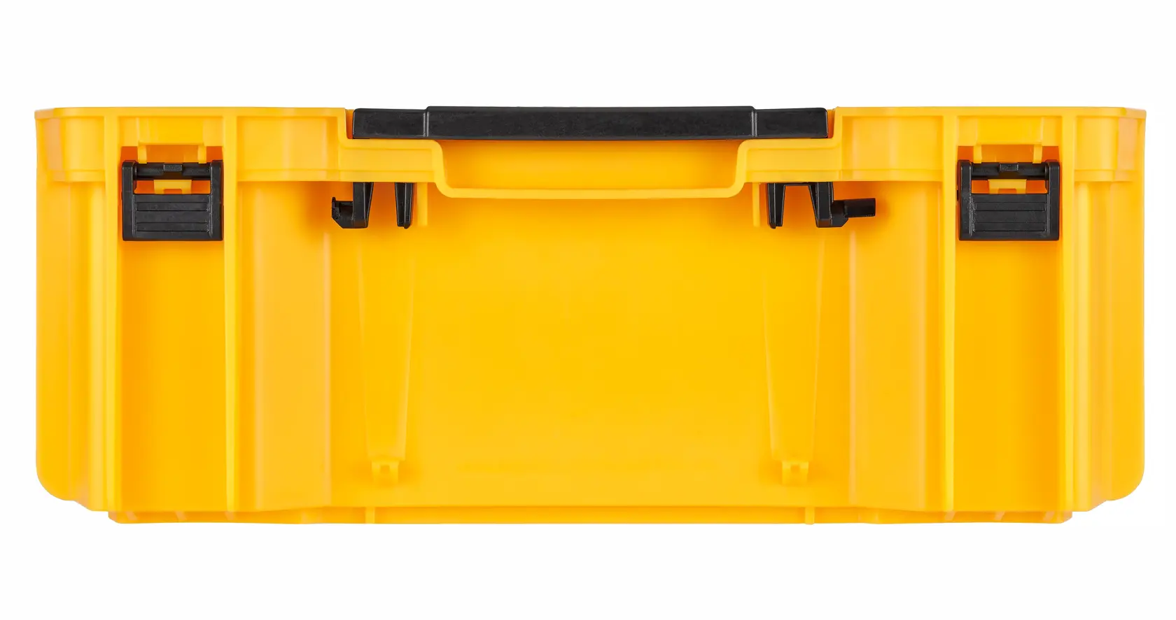 Vista frontal de uma caixa de armazenamento de ferramentas DEWALT amarela com travas pretas e alça preta.