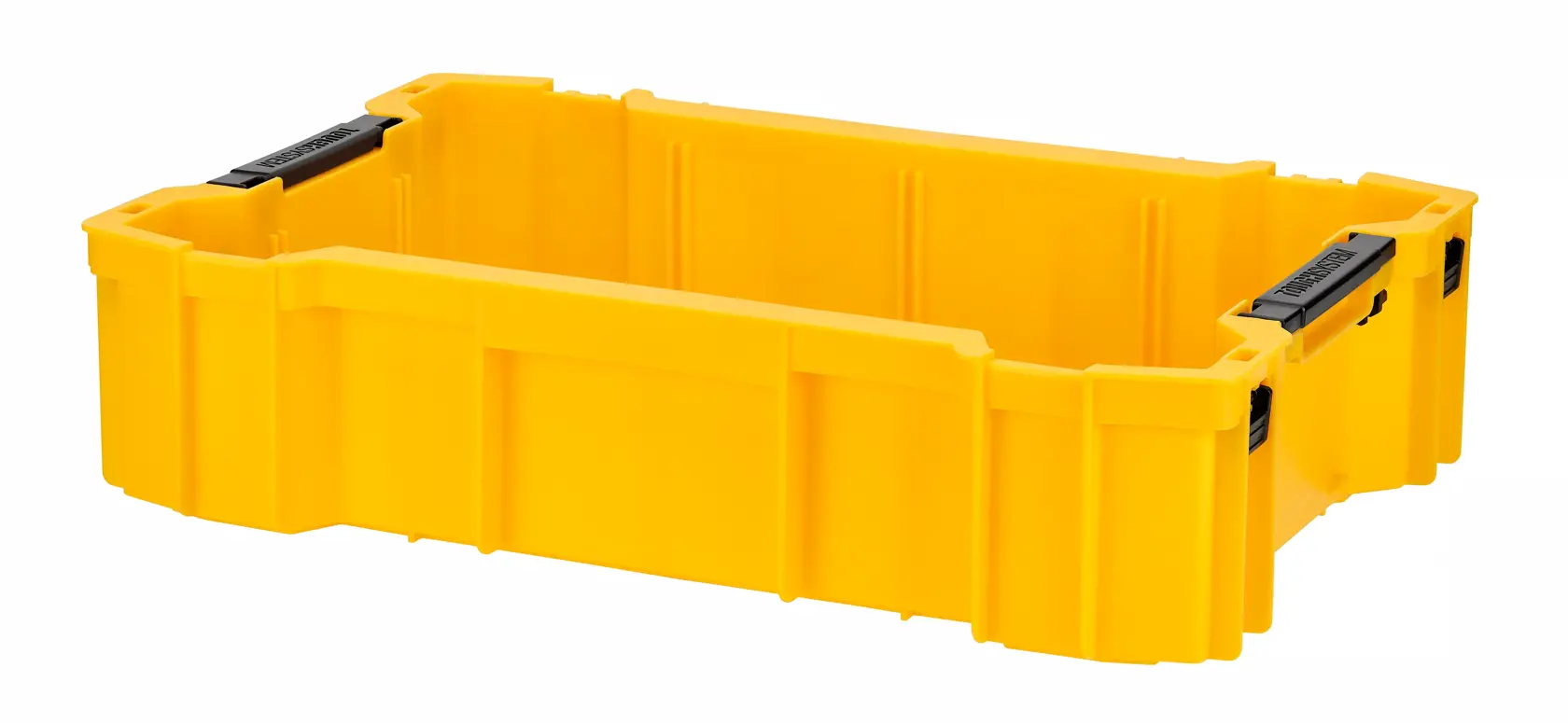 Caixa modular de armazenamento amarela DEWALT com topo aberto, com travas pretas em ambos os lados.