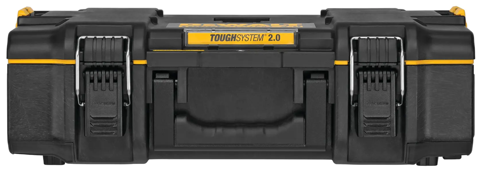 Uma caixa de armazenamento de ferramentas DEWALT ToughSystem 2.0, preta com detalhes amarelos, vista de frente mostrando a alça e dois fechos de metal.